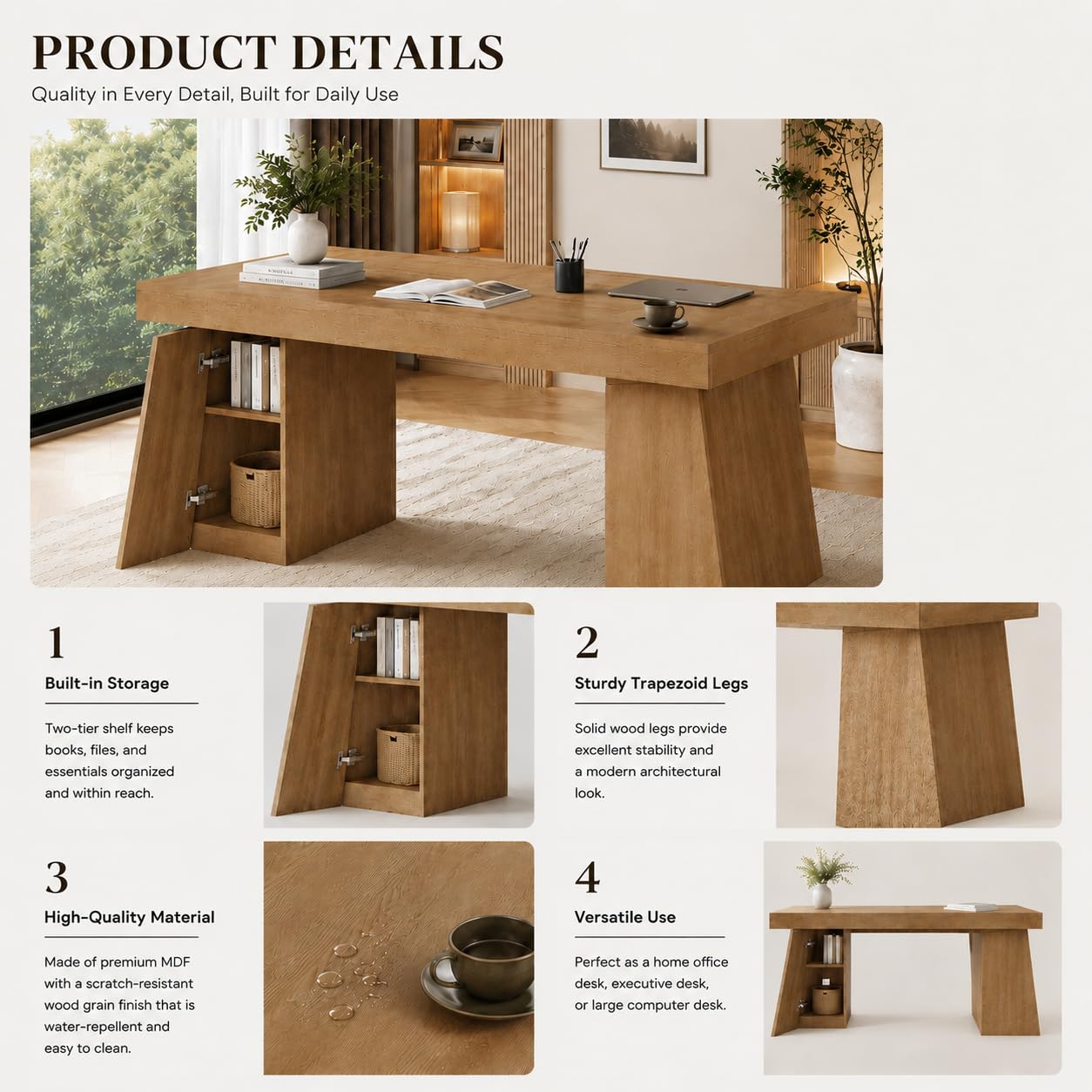 OpuVentorium 55.9" Oak Executive Desk with Power Outlets, Modern Home Office Desk with Storage Cabinet, Wooden Computer Desk for Workstation and Conference Use