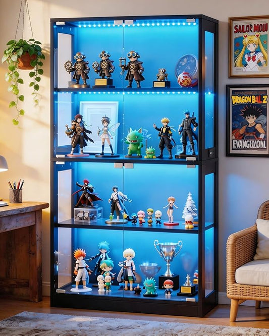 Airynee Display Cabinet with Glass Doors, 4-Tier Curio Cabinet with 7 Vibrant 3
