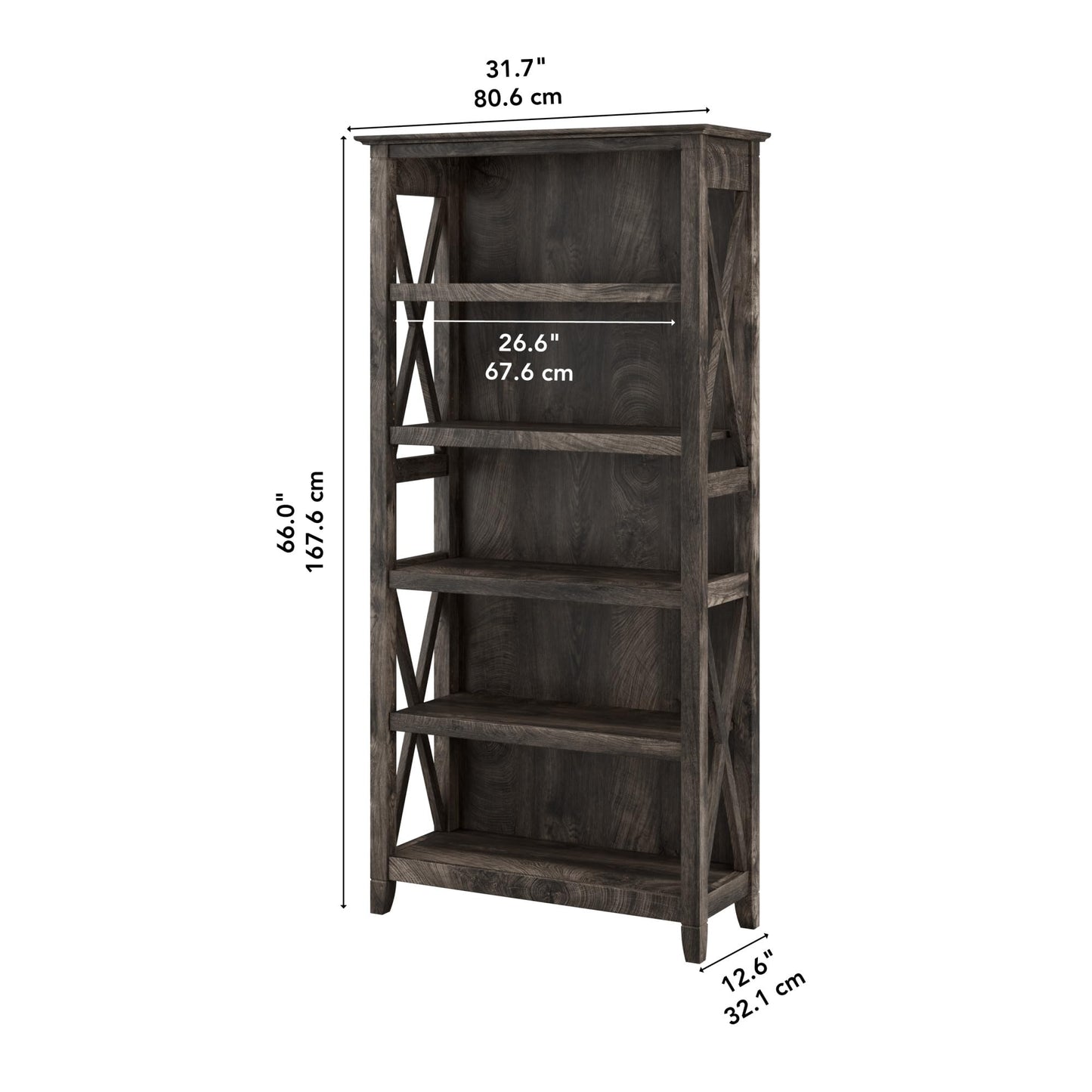 Bush Home Tall 5 Shelf Bookcase for Living Room or Home Office, Large Bookshelf, Modern Farmhouse Style, Key West Collection, Dark Gray Hickory