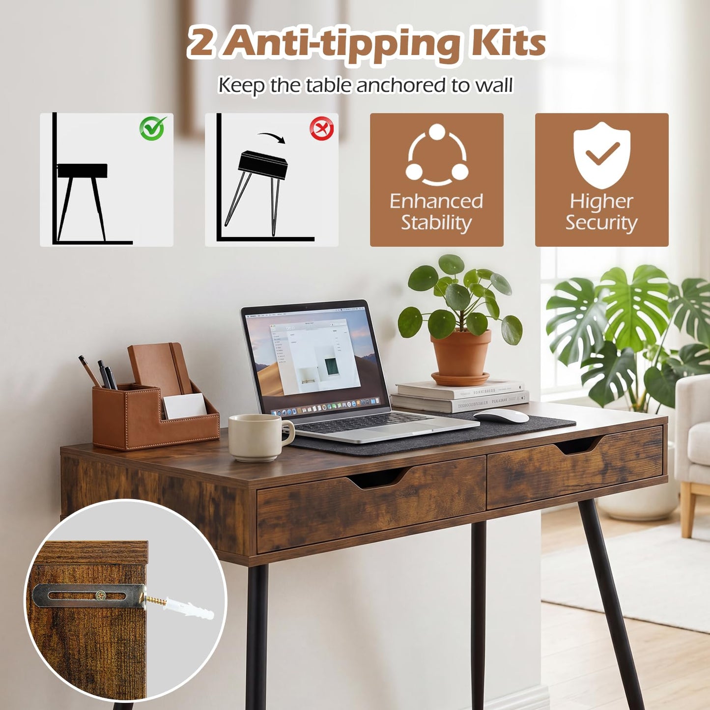 Tangkula Mid Century Desk with 2 Storage Drawers, Modern Writing Study Desk with Rubber Wood Legs, Versatile Home Office Study Desk for Small Space, Vanity Table for Bedroom (Rustic Brown)