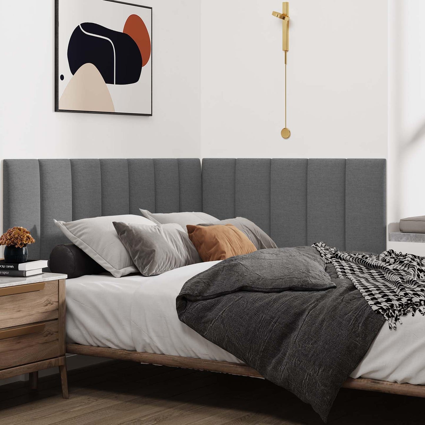 IFNOW Upholstered Wall Mounted Headboard, 3D Soundproof Wall Panels Peel and Stick for King Size, Reusable and Removable Tufted Bed Headboard in Dark Grey (12 Panels, 10" x 24")