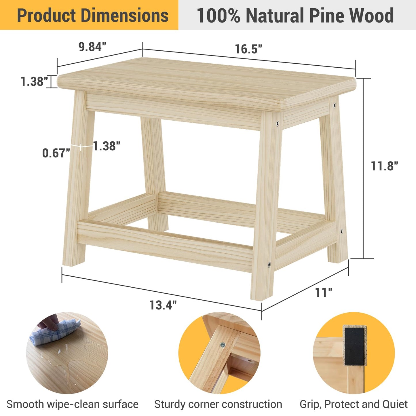 Wooden Step Stool, Foot Stool, Shoe Bench, Small Side End Table, Small Sofa Foot Stool for Bathroom Living Room Bedroom Kitchen Entryway Modern Sturdy 16.5x11x11.8inchs (Natural)