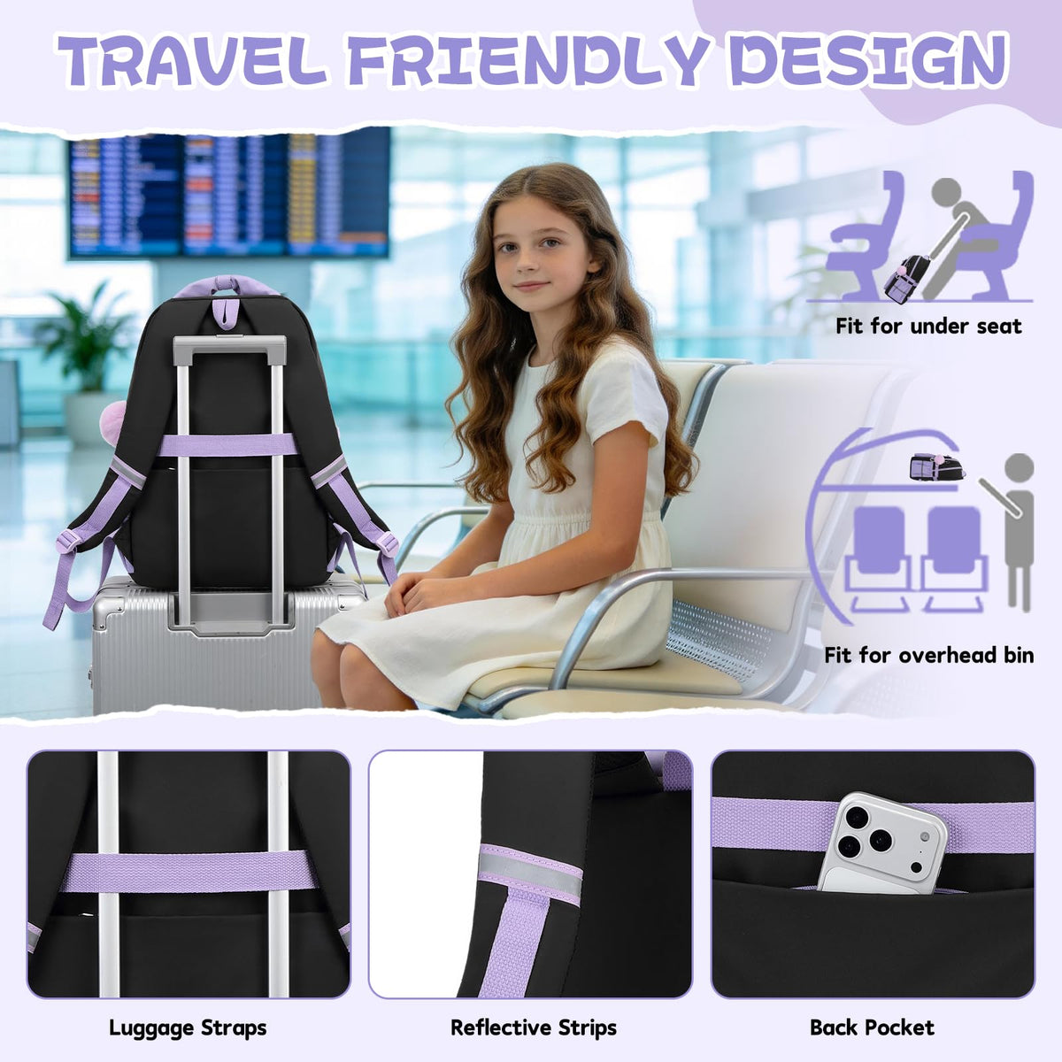 MUSEVOS Girls Backpack, Kids Backpack for Girls, School Bookbag for Teens Age 6-15, Large Capacity Water Resistant Backpack for Elementary to High School, Cute Travel Daypack, Black Purple 3pcs