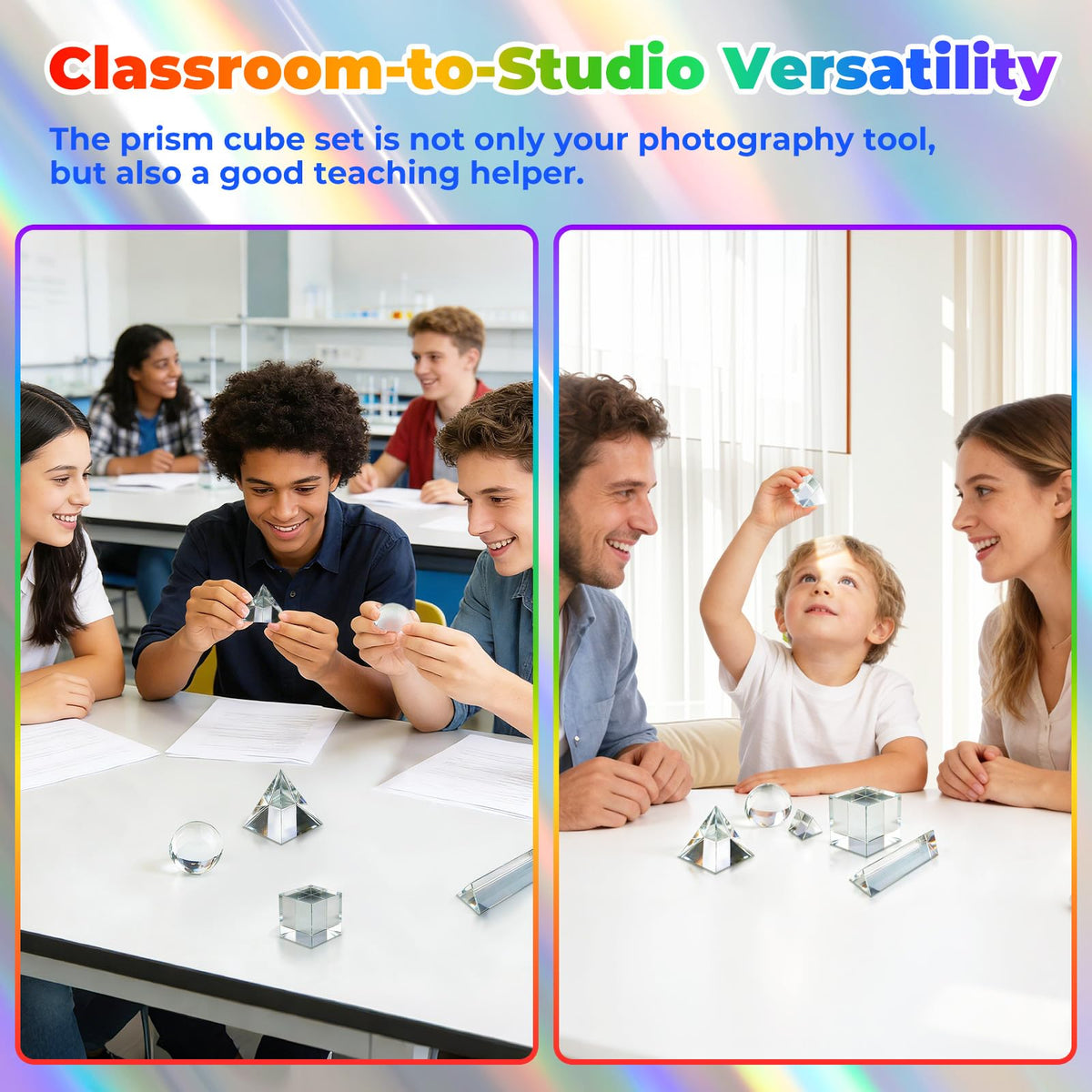 7 Pack K9 Optical Crystal Photography Prism Set, Include 1-4in Triangular Prism, 2in Crystal Glass Prism Cube, 2in Crystal Ball, 2in Dome Magnifier, Light Prism for Physics Teaching Photography Play