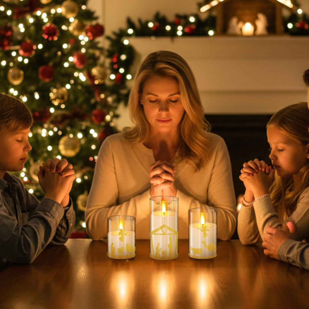Blosssound 3 Pack Christmas Nativity Flameless Candles Battery Operated Xmas Nativity Jesus Flameless Flickering Candles LED for Home Fireplace Winter Holiday Table Decorations Christmas Gifts
