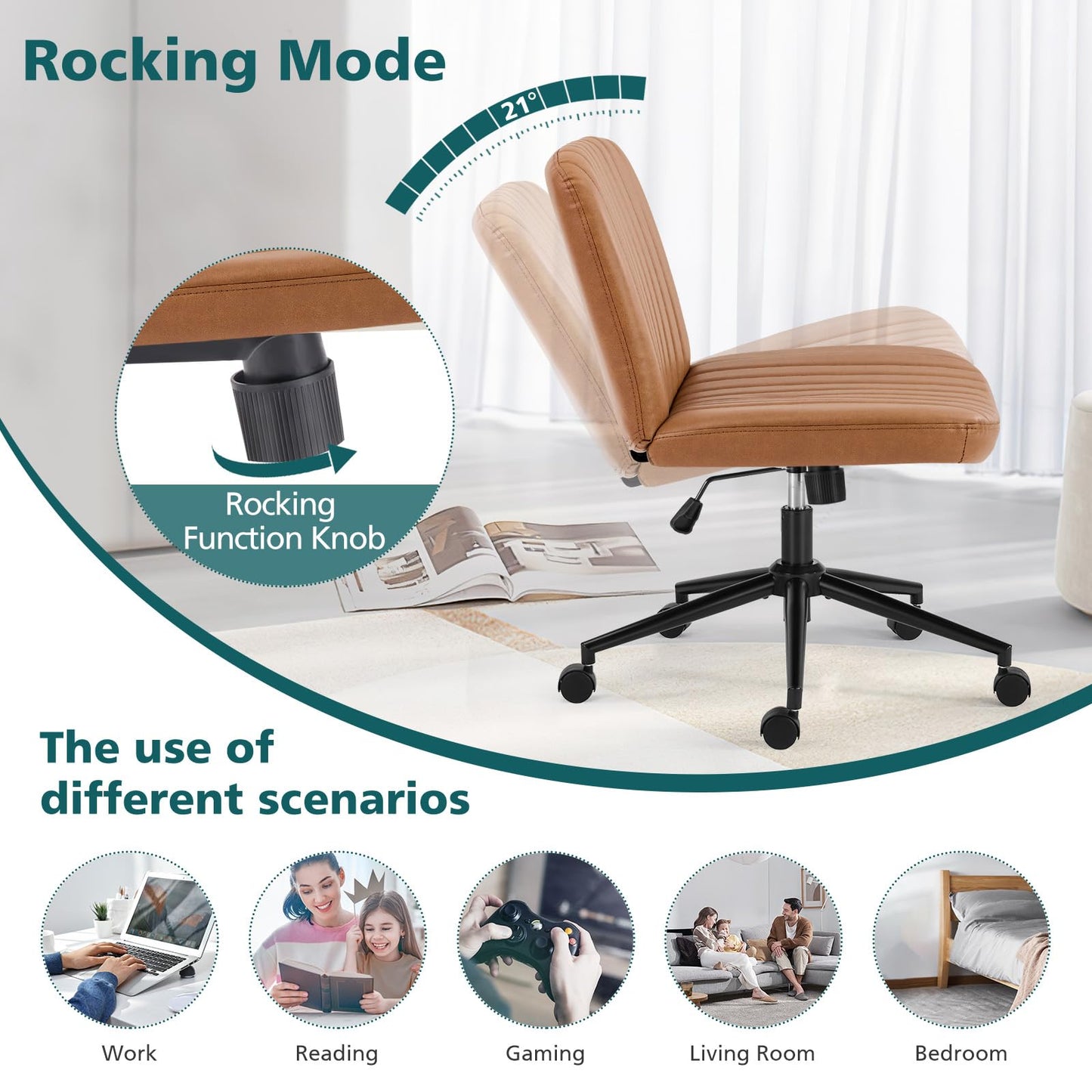 OLIXIS Criss Cross Chair with Wheels Wide Cross Legged Office Desk Vanity Chair Comfy Fabric Armless Adjustable Swivel for Home Computer Task PU Brown