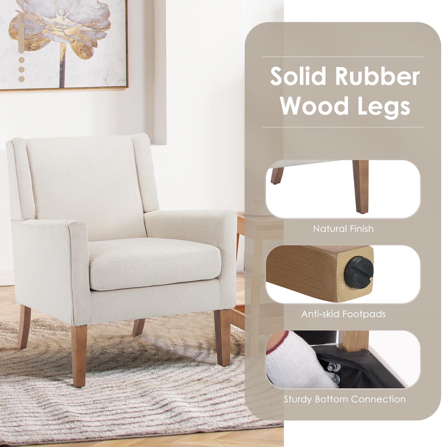 COLAMY Modern Wingback Living Room Chair Set of 2, Upholstered Fabric Accent Armchair, Single Sofa Chair with Lounge Seat and Wood Legs for Bedroom/Office/Reading Spaces, Beige