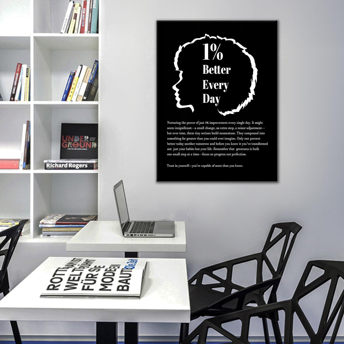 DINGFUN Inspirational Posters for Office 1 Percent Better Every Day Canvas Wall Art, Black White Quote Single Panel Wall Decor for Home Office Dorm Classroom 24x18 Inch
