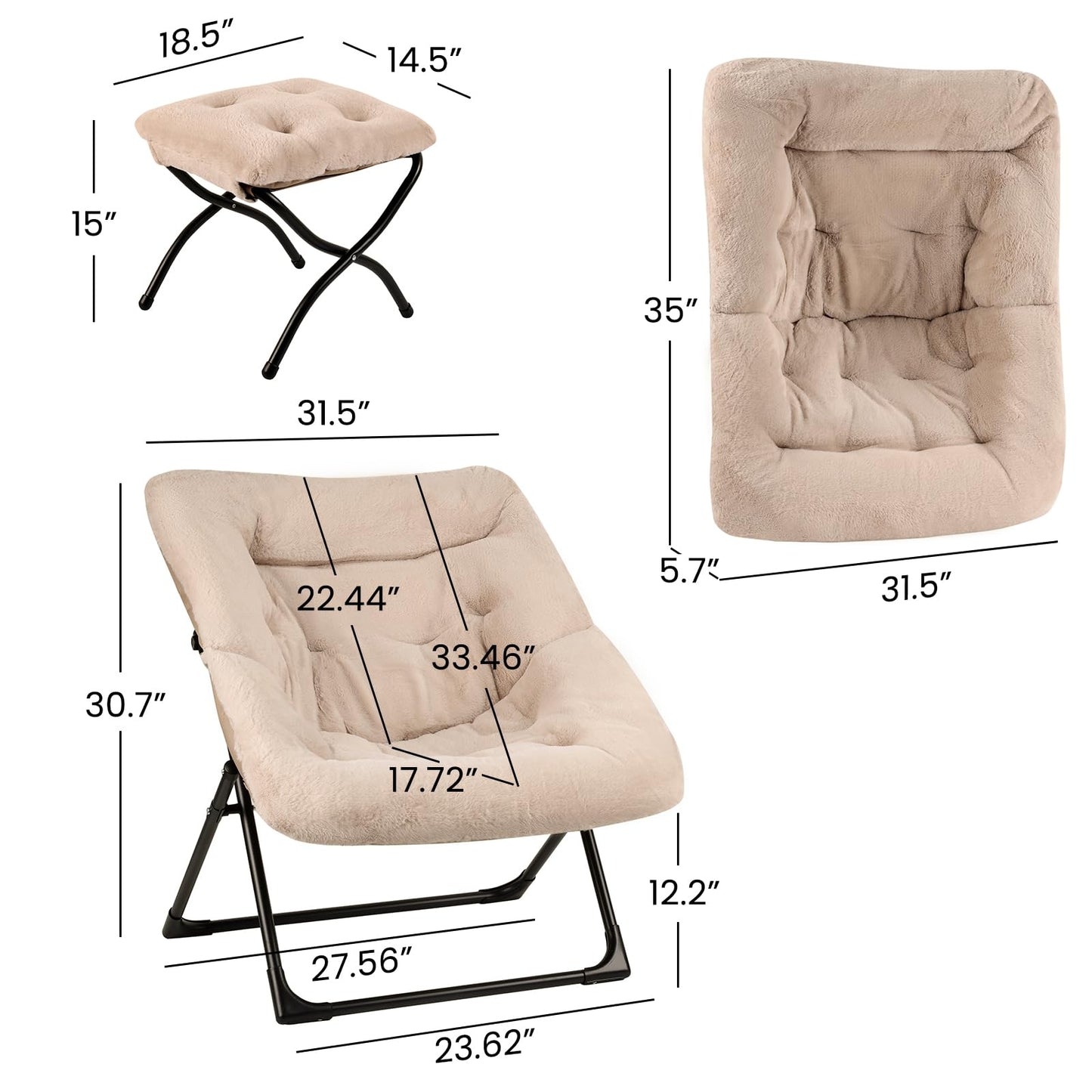 Mordchil HF Comfy Saucer Chair for Adults, Soft Faux Fur Bedroom Chair with Ottoman, Accent Dorm Chairs, Living Room Reading Chairs and Footstool, Folding Seat for Teens, X-Large, Light Khaki