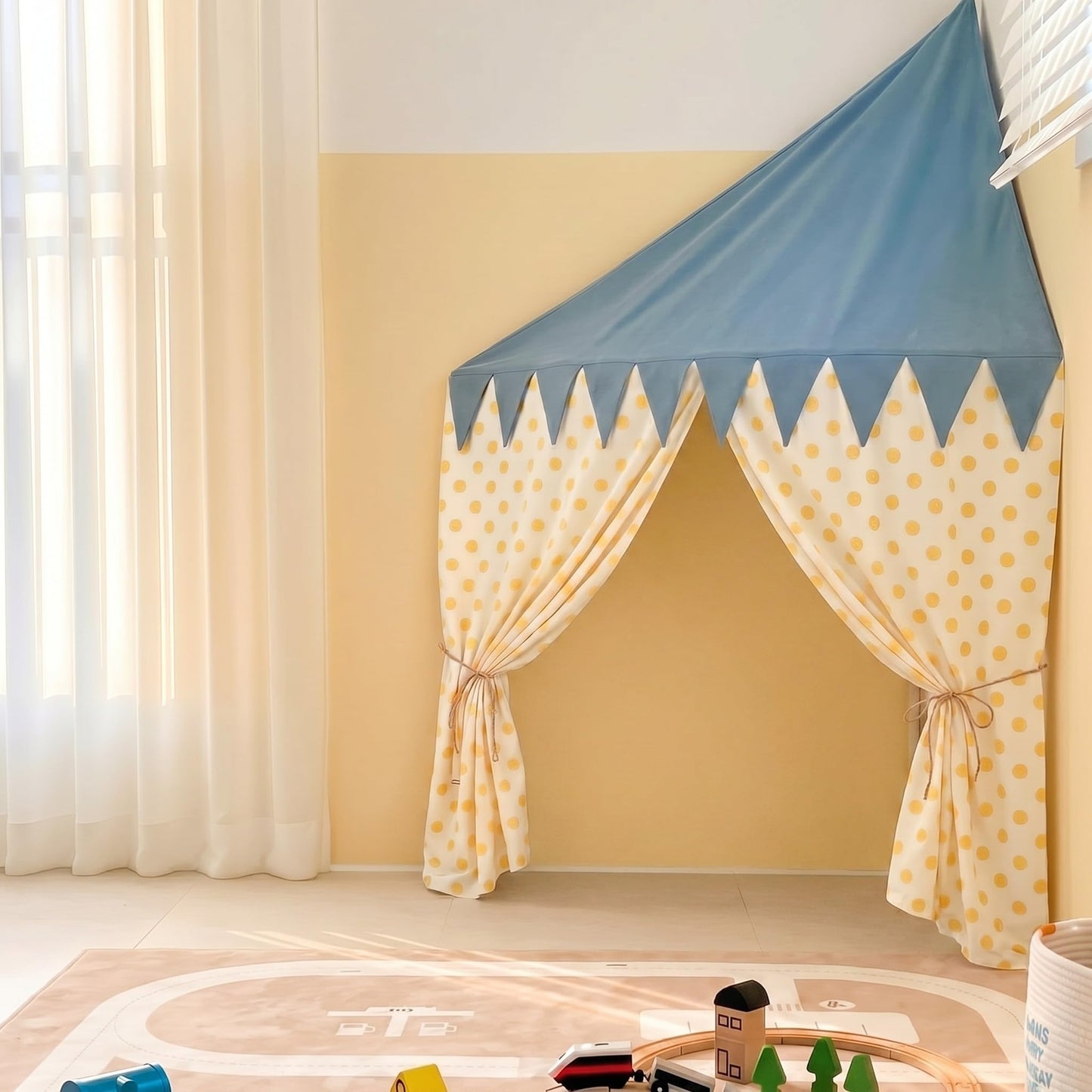 Tigeen Reading Corner Decoration Include Reading Nook Tent with 3 Adhesive Hooks Corner Play Tent Hanging Wall Mounted Canopy with Polka Dot Curtains for Bedroom Nursery Playroom Decoration