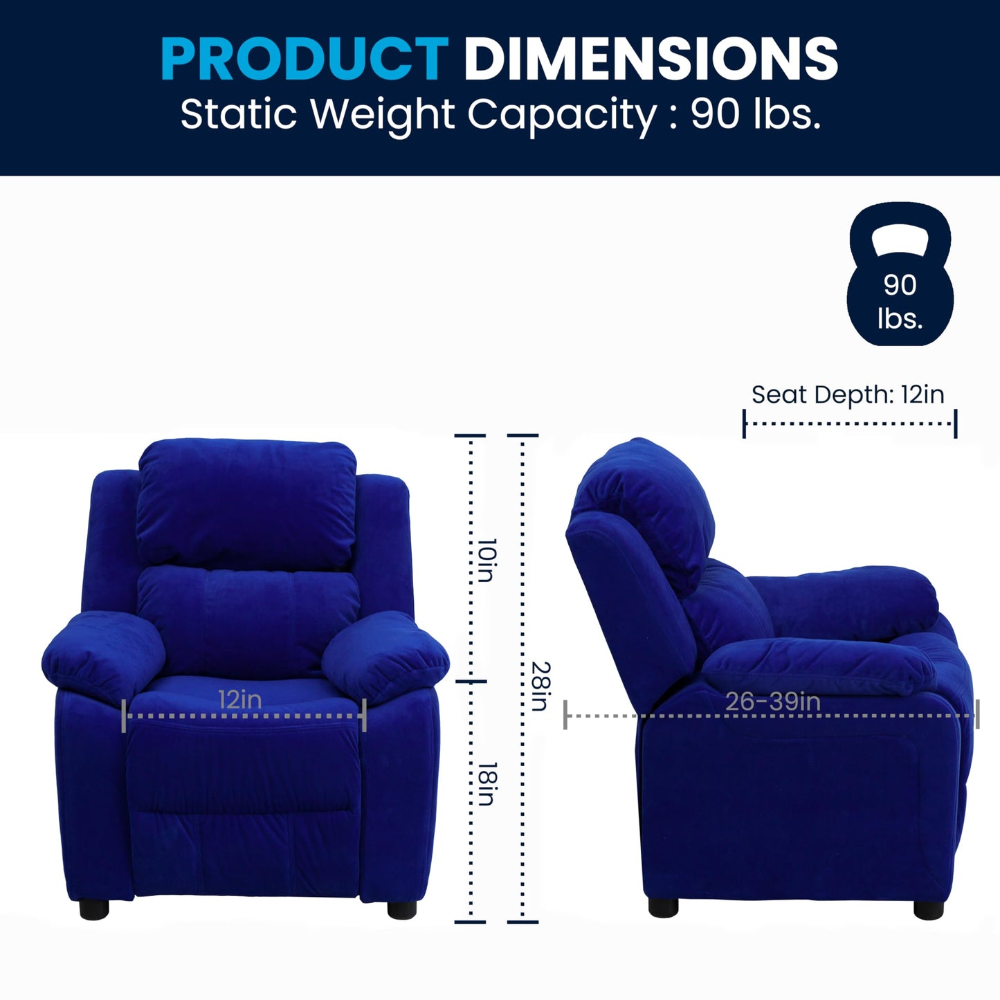 Flash Furniture Charlie Microfiber Kids Recliner with Flip-Up Storage Arms and Safety Recline, Contemporary Reclining Chair for Kids, Supports up to 90 lbs., Blue