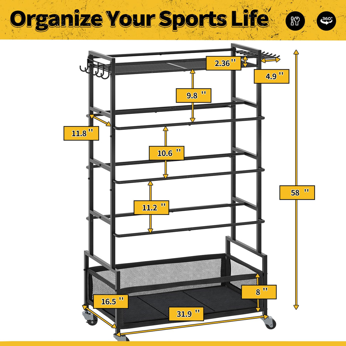 SOYEEZE Garage Sports Equipment Organizer-Large 5 Layer Ball Storage, Basketball Stand Holder, Outdoor toy storage, Baseball Bat Rack, Rolling Ball Cart with Hooks and Wheels for Indoor/Outdoor Use