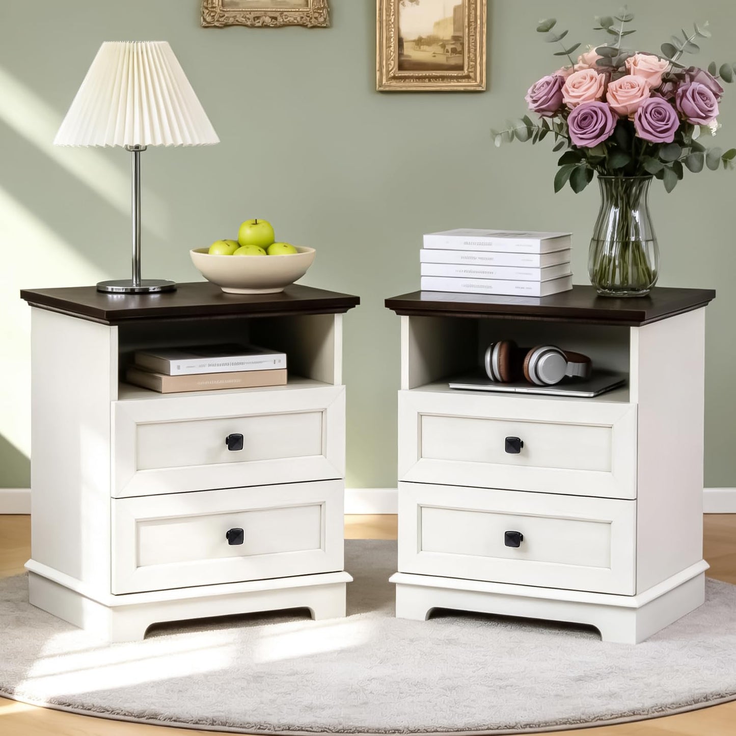 20-Inch Wide Modern Nightstands Set of 2 with Charging Station & Outlets, Bedside Tables with 2 Drawers and Open Shelf, Sleek Design End Tables for Bedroom and Office, White