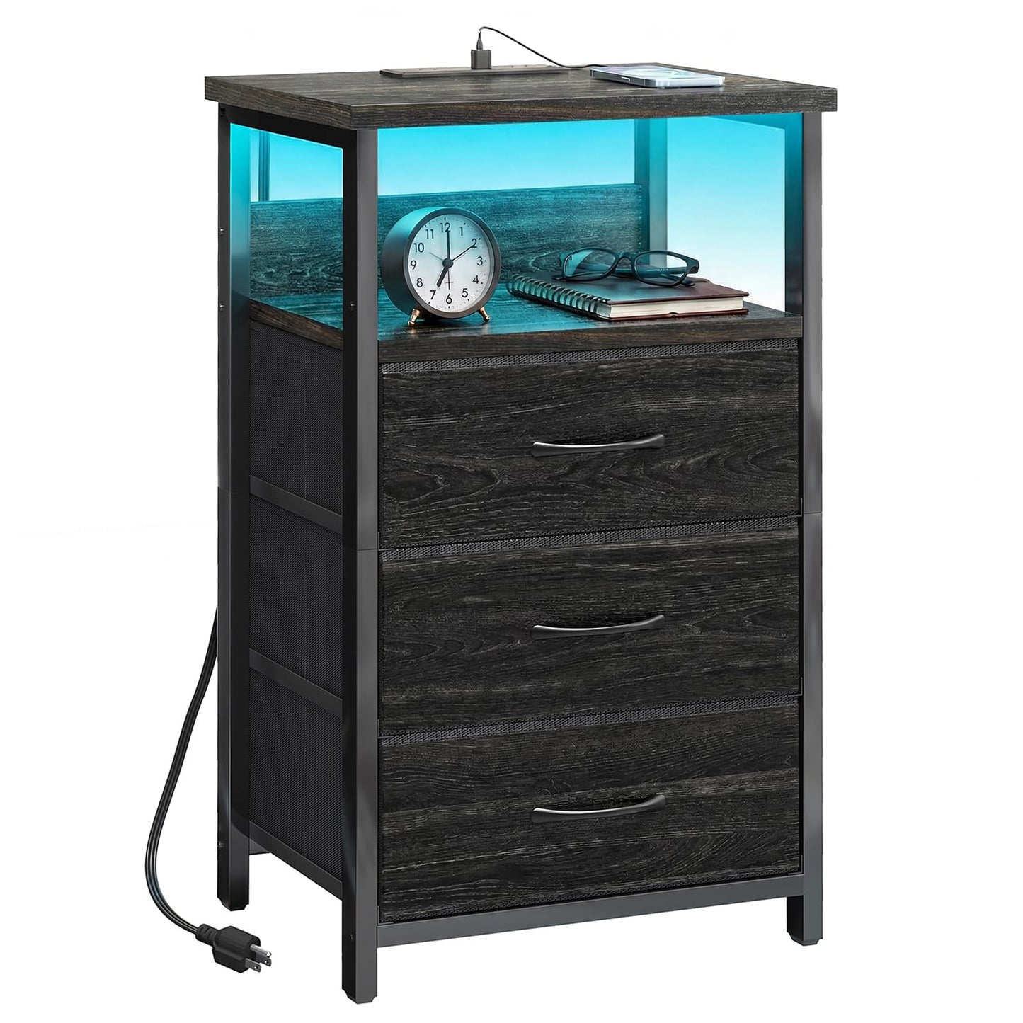 Fixwal Night Stand with Charging Station, LED Nightstand with Fabric Drawers, End Table with PU Finish, Bed Side Table, Black Oak