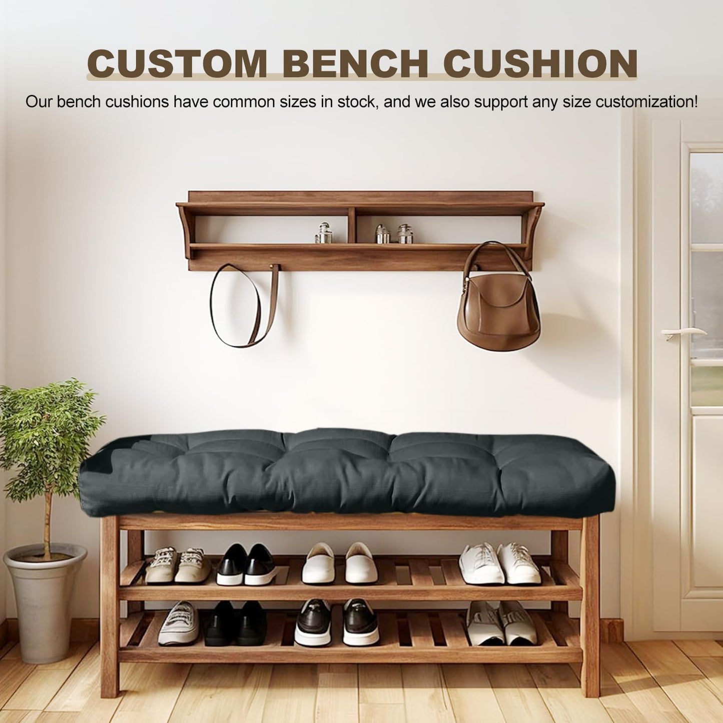 ThinMay Bench Cushion 47 inches,Indoor/Outdoor Non-Slip Tufted Cushions, Premium Waterproof Linen, Soft Piano Sofa Cushions, High-Density Memory Foam(Black-47x19x4in)