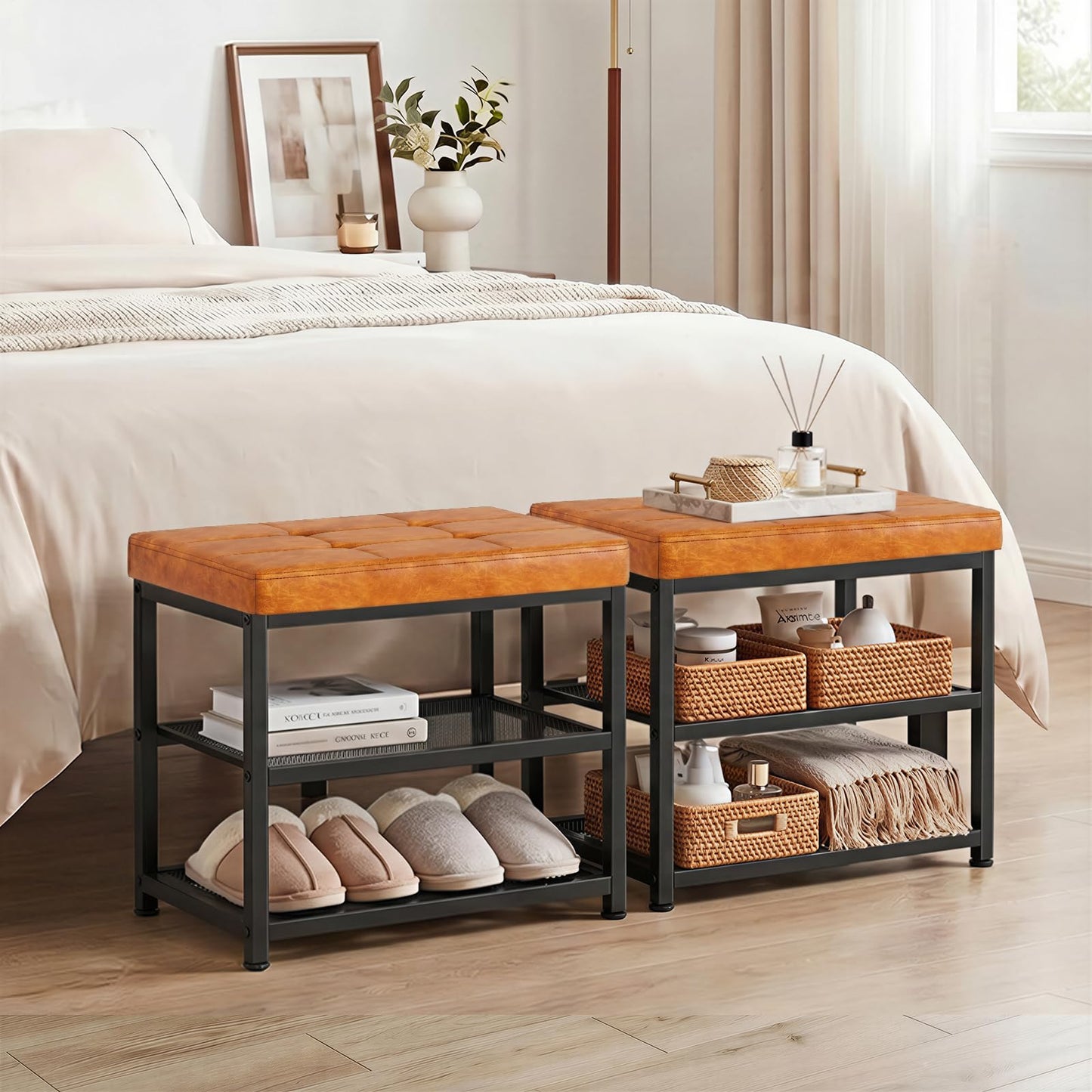 Small Shoe Storage Bench with PU Leather Seat Cushion, 3-Tier Freestanding Shoe Rack Organizer for Entryway, Heavy-Duty Metal Mesh Shelves, Supports Up to 300 lbs, Brown (15.7"x11.4"x17.5")