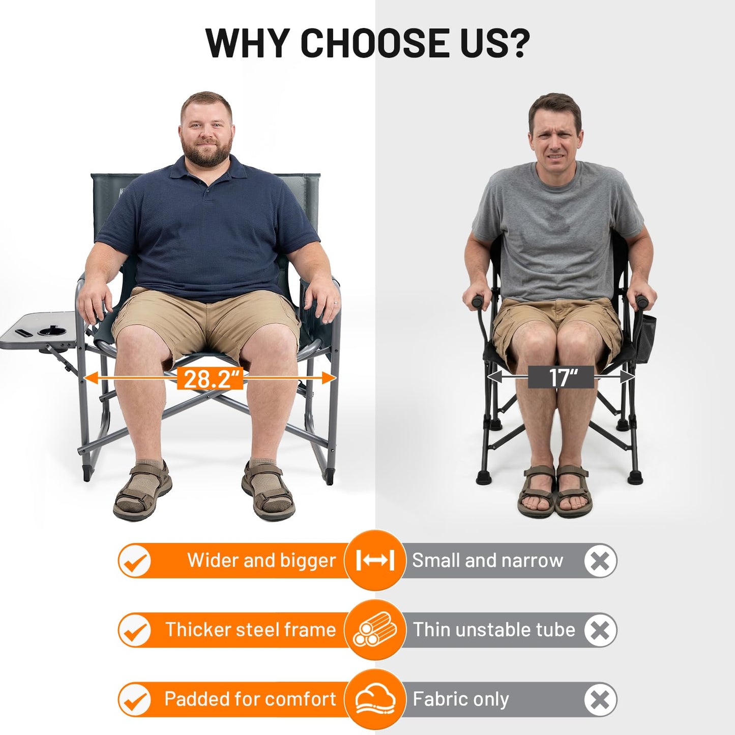 Timber Ridge XXL Director’s Chair – Heavy Duty Folding Camping Chair for Adults, 500lb Capacity, Extra Wide Padded Seat for Camping, Sports, Lawn, Courtyard, and Outdoor Use, Grey