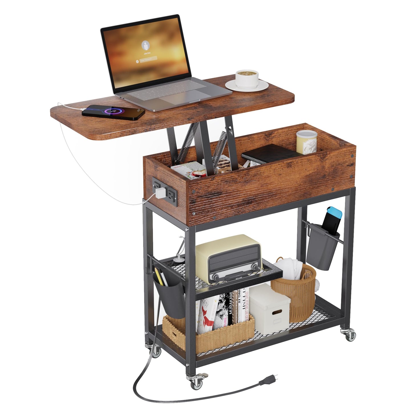 Colima Lift-Top Side Table with Charging Station - Mobile End Table with USB Ports & AC Outlets, Hidden Storage, Wheels - Rustic Wood Nightstand for Living Room, Bedroom, Office