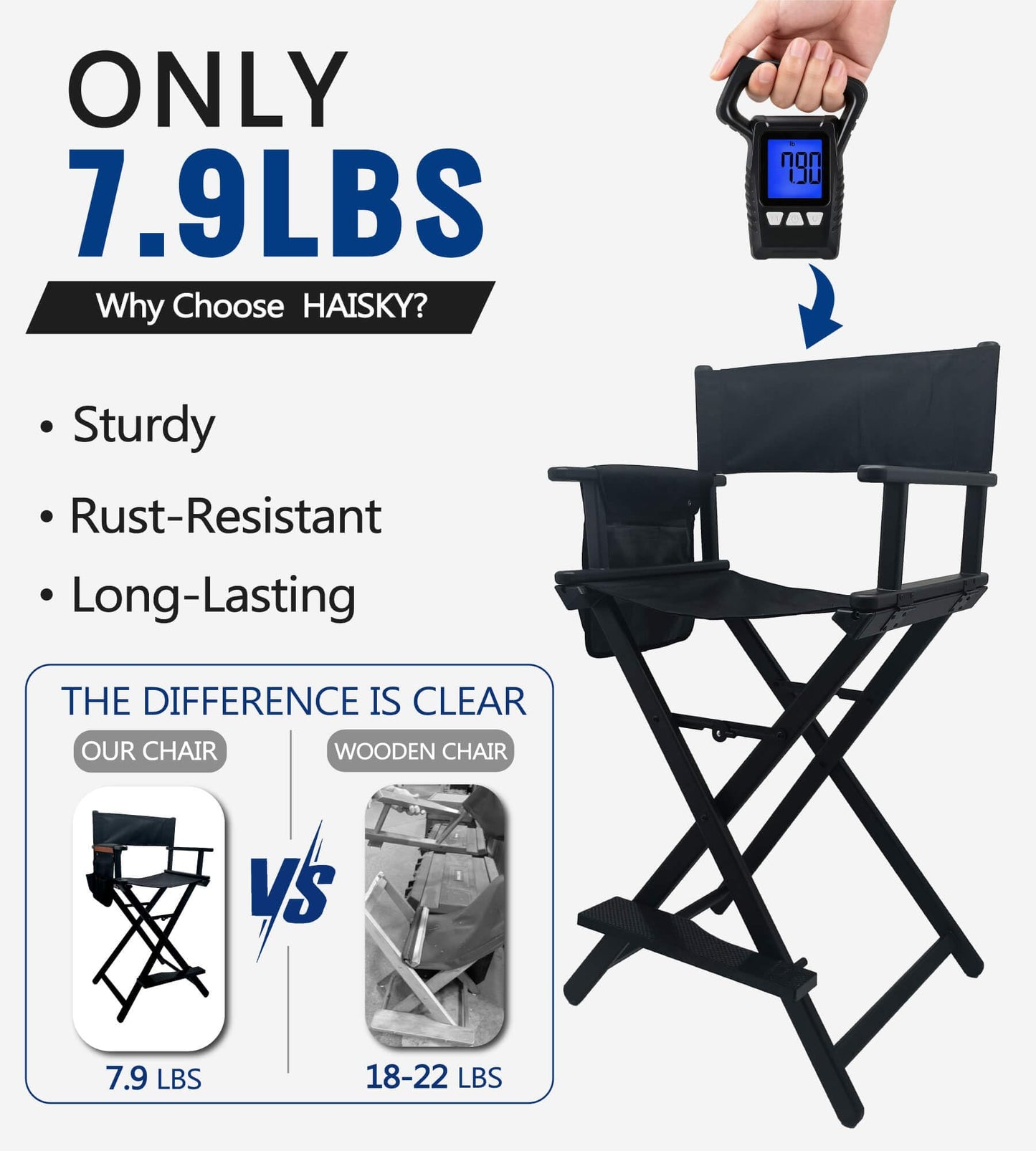 HAISKY 30" Extra Tall Folding Directors Chair, Lightweight Aluminum Makeup Artist Chair for Client, Portable Director Chair for Photography Studio, 7.9 LBS with 2 Covers, Side Bags, Footrest, 300 lbs
