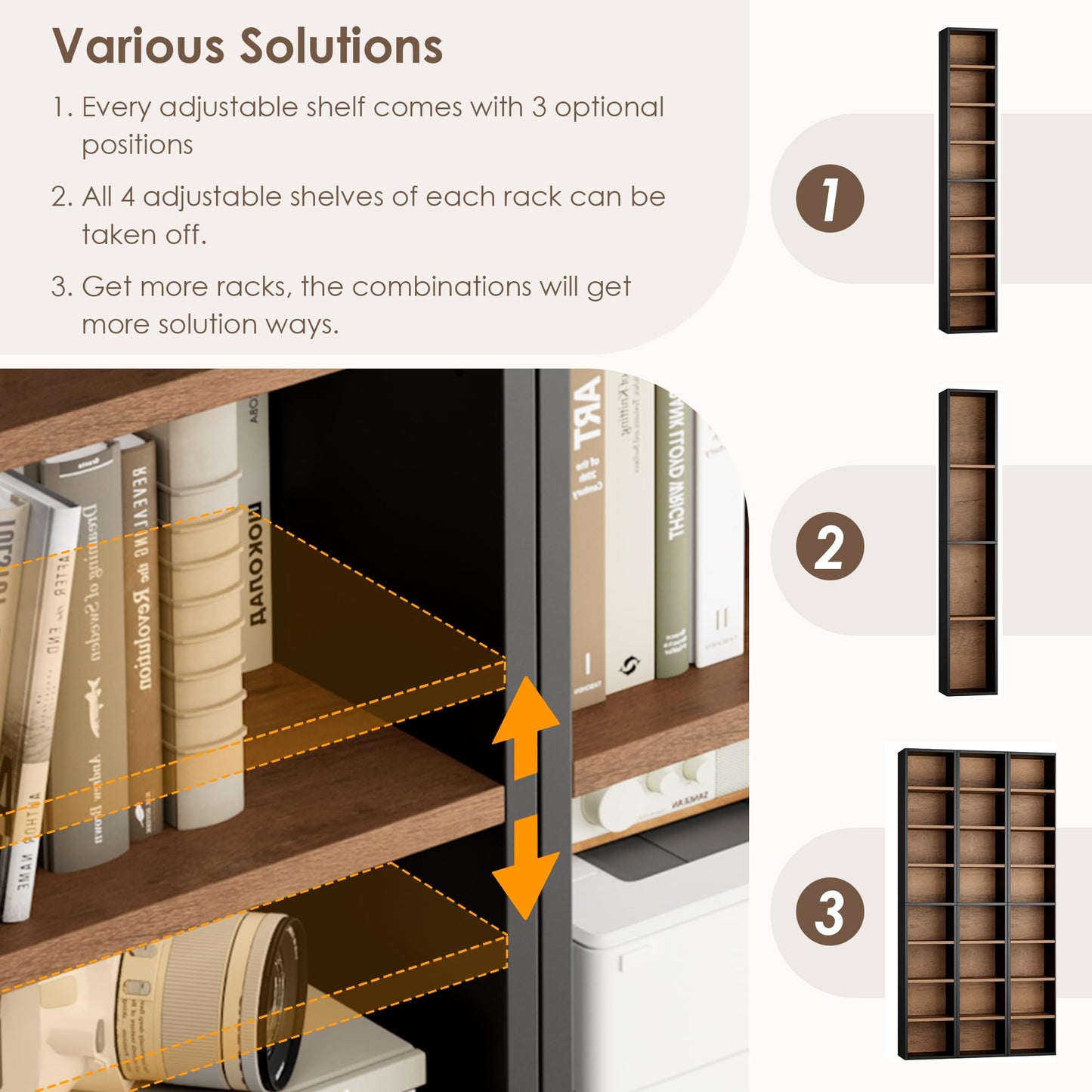 FOTOSOK 8-Tier Media Tower Rack, 11.6 X 9.3 X 71 Inches CD DVD Slim Storage Cabinet with Adjustable Shelves, Tall Narrow Bookcase Display Bookshelf for Home Office, Black/Brown