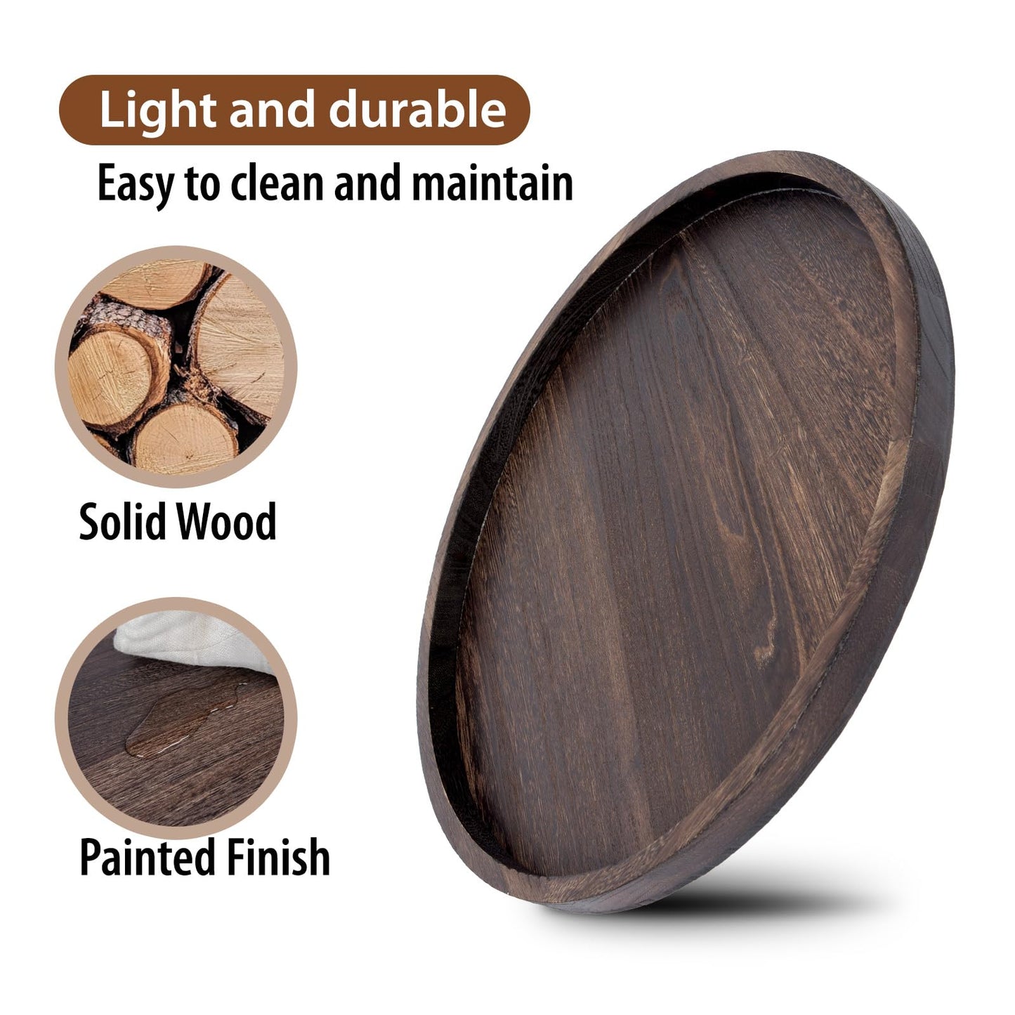Round Ottoman Tray Large Wood Serving Tray for Table Living Room Bedroom, 20 Inches Rustic Brown