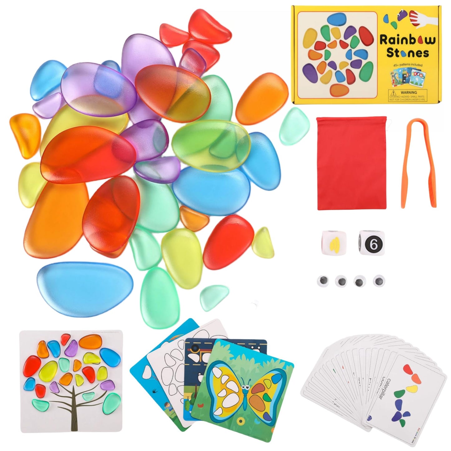 Odoorgames Translucent Math Blocks – 36 Pcs Translucent Pebbles, Rainbow Stones, Light Table Manipulatives, Preschool, Light Table Accessories, Includes 24 Activity Cards