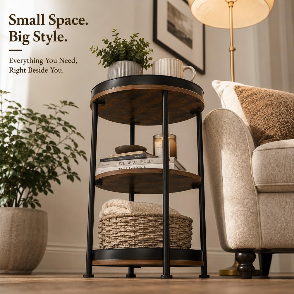 Dulcii Side Table, Round End Table with 3 Storage Shelves for Living Room, Bedroom, Nightstand with Steel Frame for Small Spaces, Industrial Round Sofa Table, Outdoor Accent Coffee Table, Rustic Brown