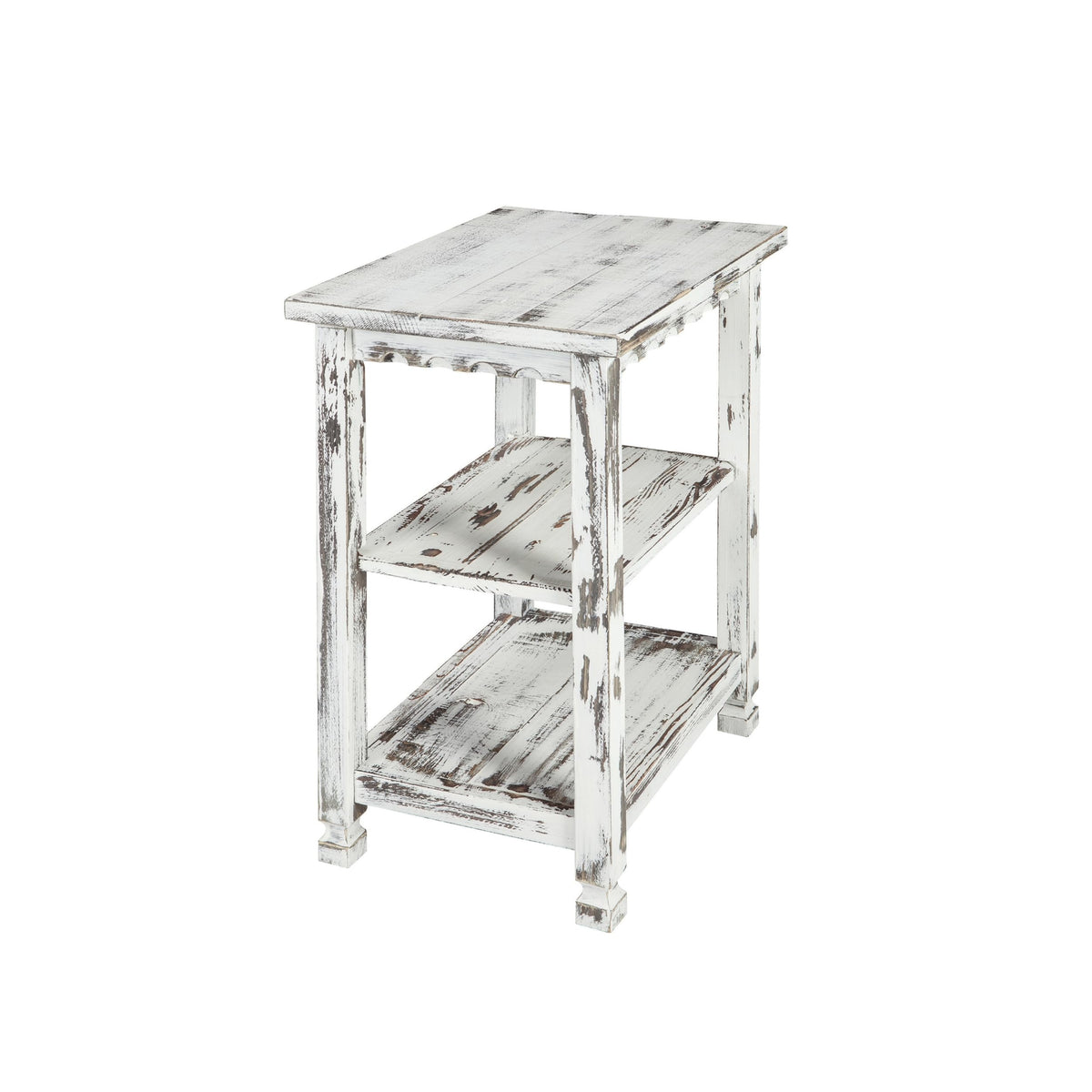 Alaterre Furniture Country Cottage Rustic Farmhouse Nightstand – 3-Tier Narrow End Table with Weathered Faded Finish, Carved Edges, & Turned Legs (Distressed Antique White)