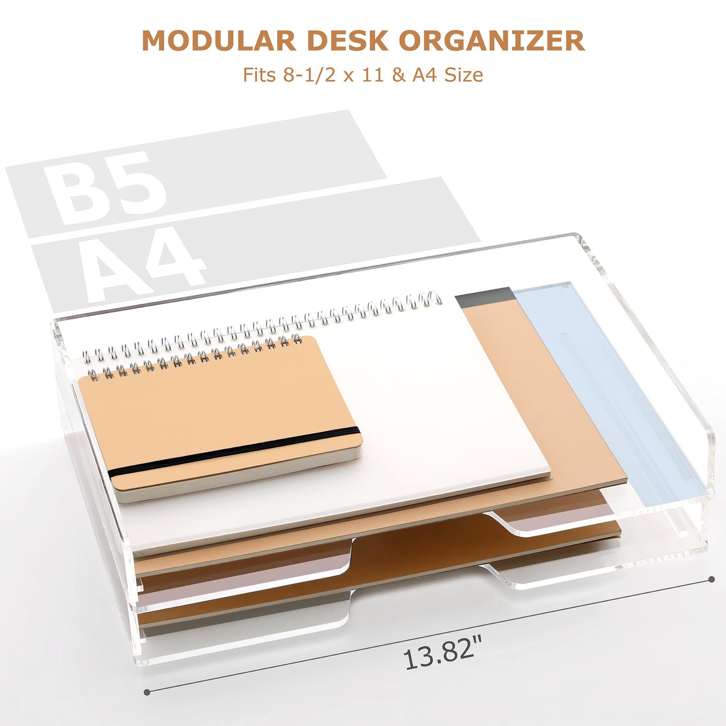 SANRUI Clear Acrylic Paper Tray, 4 Tier Stackable Letter Trays Desk Organizer with Curved Design, Oversized Document File Holder for Home Office Classroom Desktop Storage