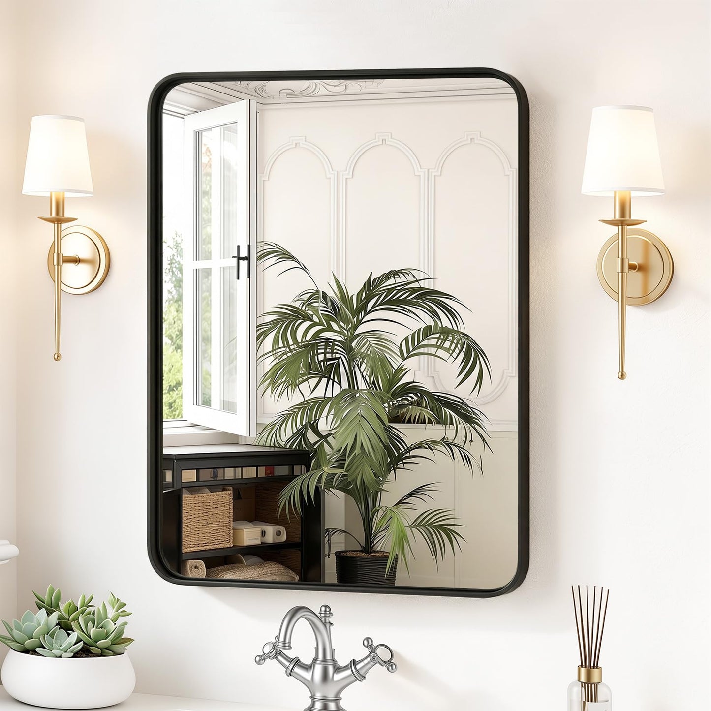 Sweetcrispy Bathroom Wall Mirror, 30x22 Inch Wall Mount Mirror for Over Sink, Modern Rounded Rectangle Vanity Mirrors with Matte Metal Framed, for Home Decor, Living Room, Bedroom, Black