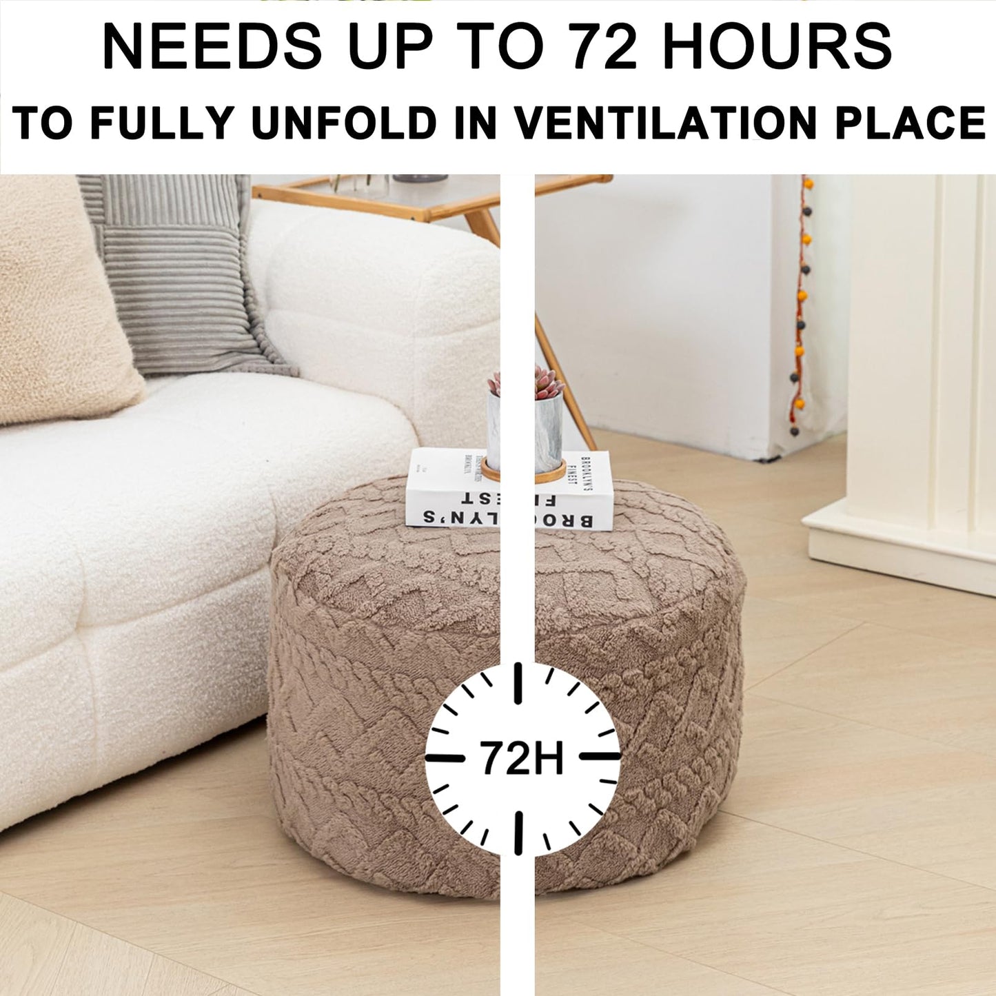 Poofieotto Round Ottoman Stuffed 20x12 Inches Floor Pouf Chair for Living Room Bedroom Modern Foam Pouf Ottoman Foot Rest for Couch Home Décor Pouffe (Light Coffee Pouf with Filler)