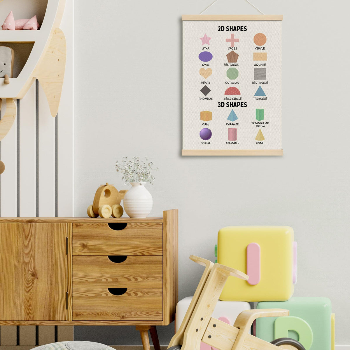 MOTERMATE 2D 3D Shapes Classroom Wall Art Poster for Teaching, Boho Toddler Room Decor, Learning Educational Poster Hanger Frame for Toddlers, Preschool Playroom Wall Hanging Banner Decor,12x16 Inch