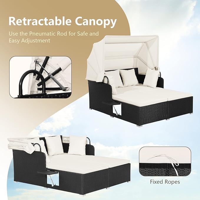 COSTWAY Outdoor Daybed with Retractable Canopy, Wicker Patio Furniture Set with