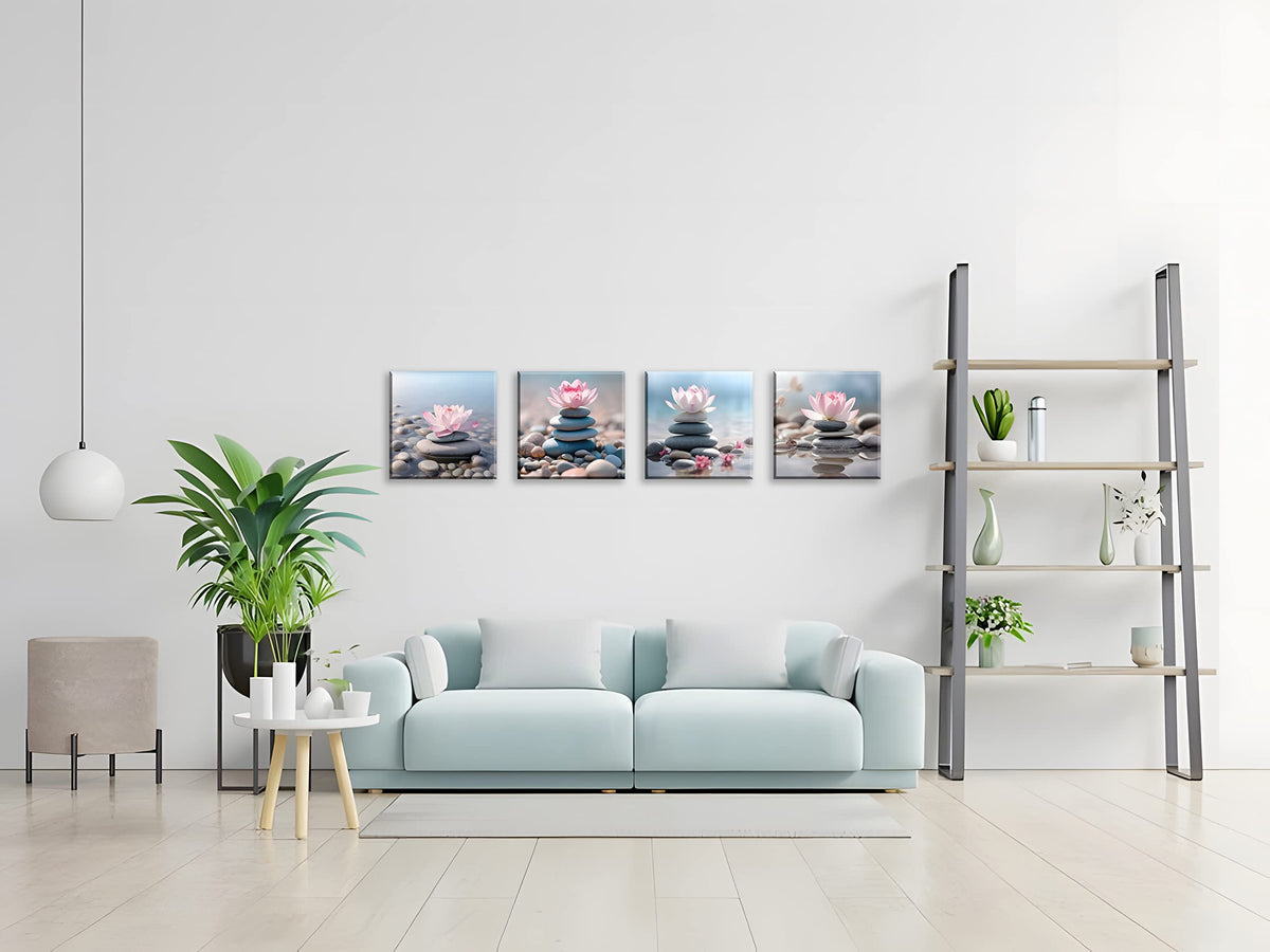 NAN Wind 4PCS Mordern Zen High-Definition Canvas Print Pink Lotus Stacked Zen Stones Spa Wall Art Easy-to-Hang Wall Art for Serene Home Deco Meditation Rooms Yoga Studios and Zen Enthusiasts