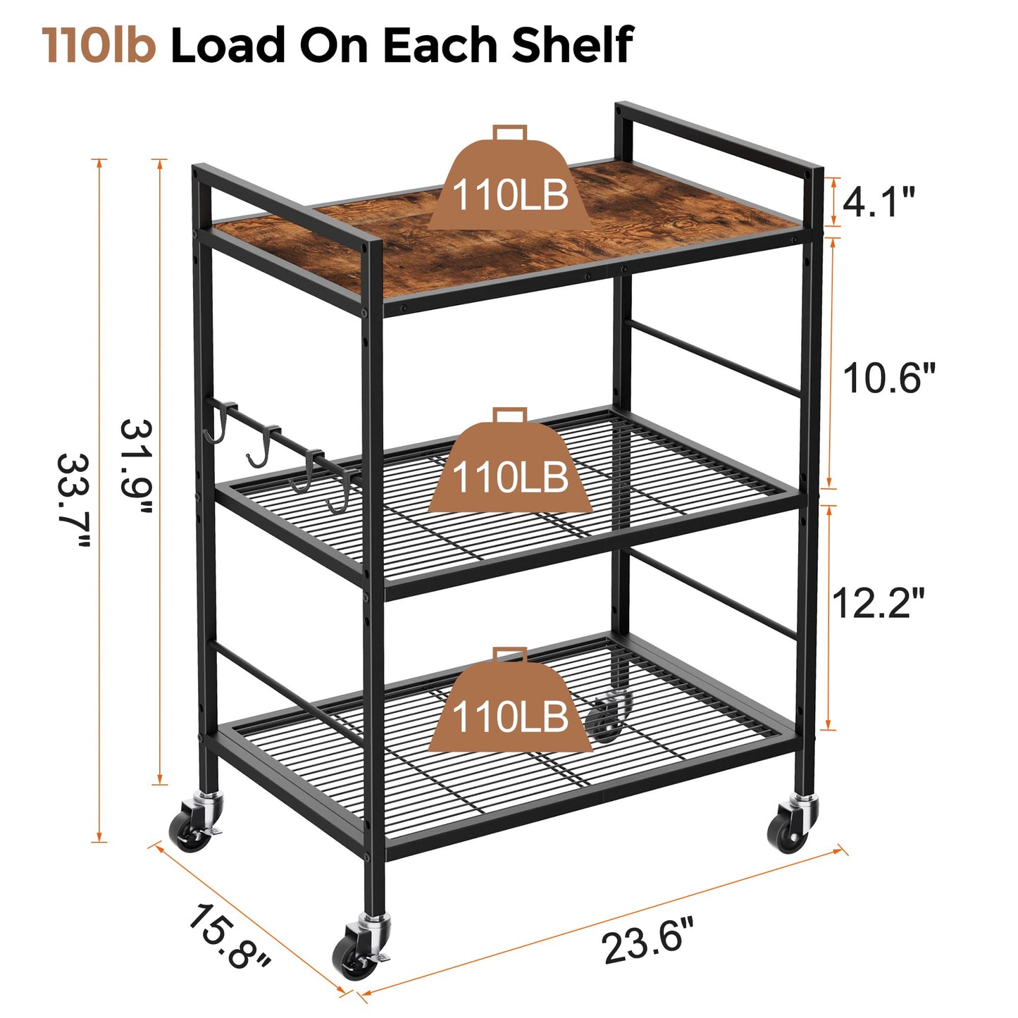 XIVIRACK 3-Tier Kitchen Cart with Adjustable Shelves - Microwave Storage Cart & Utility Rolling Organizer, Industrial Wheels for Small Spaces, 15.7"x23.6"x33.7" Kitchen Office Living Room Metal Rack
