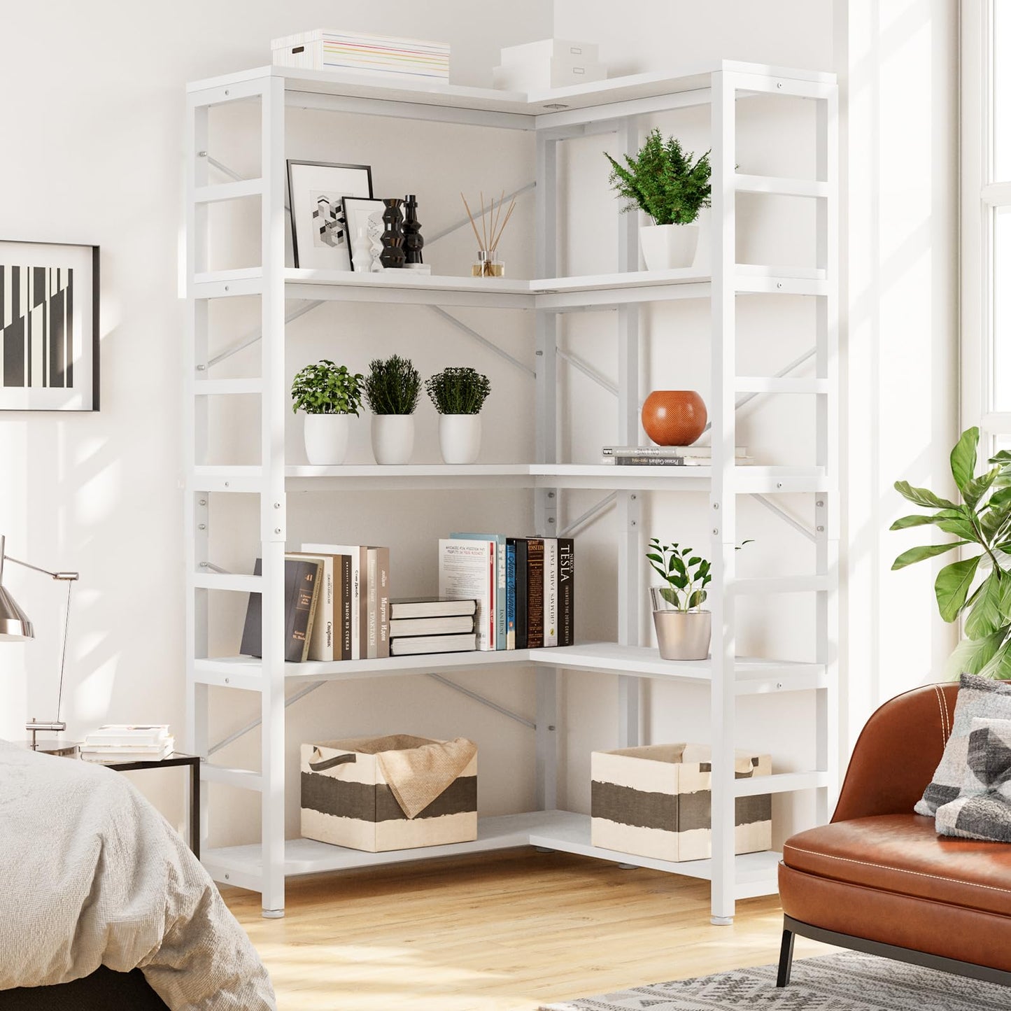NUMENN 5 Tier Corner Bookshelf, Modern Corner Bookcase, Large Open Shelf Bookcase, Tall Bookshelves Storage Display Rack for Bedroom, Living Room and Home Office, White