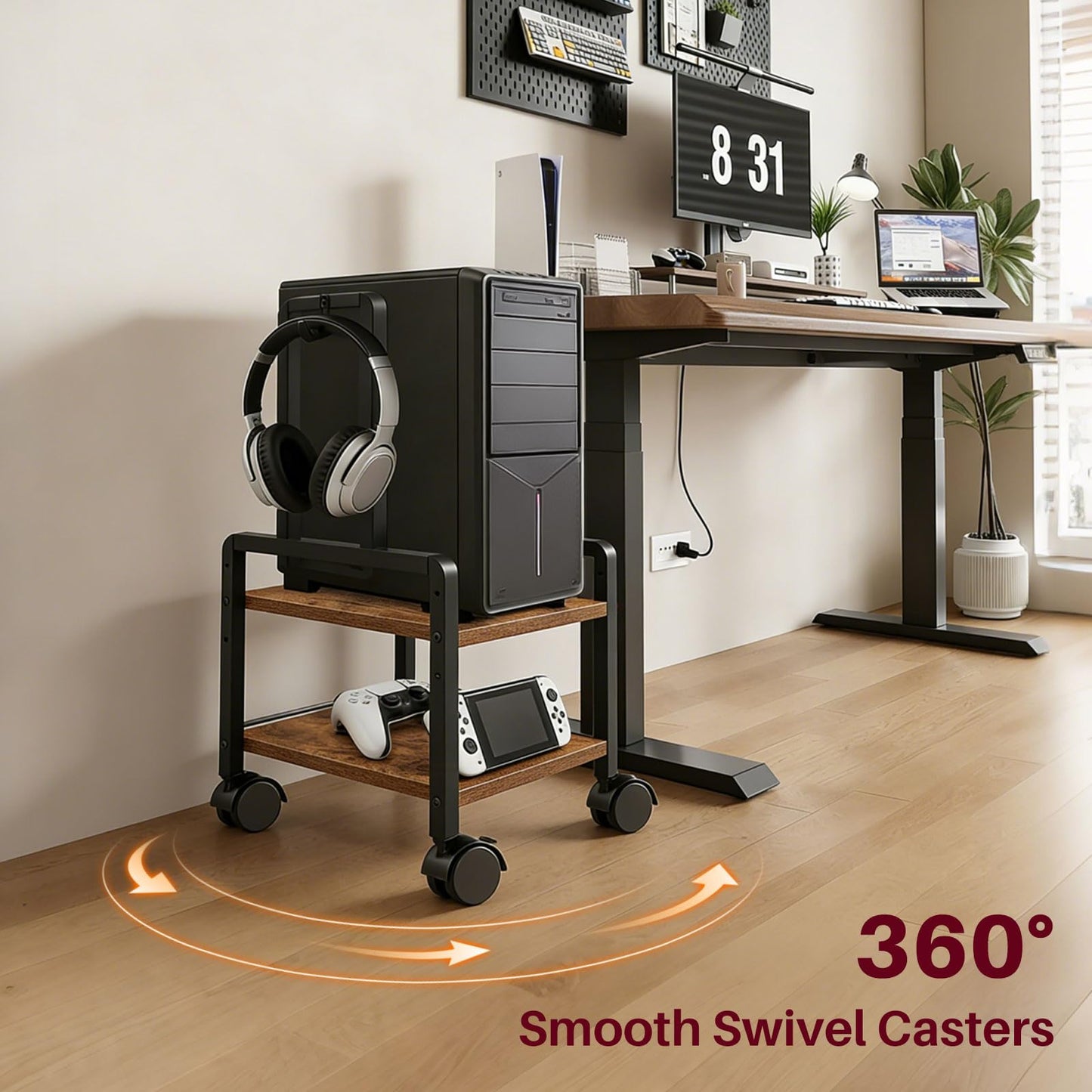ZIIWIND Adjustable 2-Tier PC Stand, Computer Tower Stand with 360° Locking Wheels & Hooks, CPU Cart for Floor, Carpet and Under Desk, 15.2" x 11.8" x 26", Rustic Brown