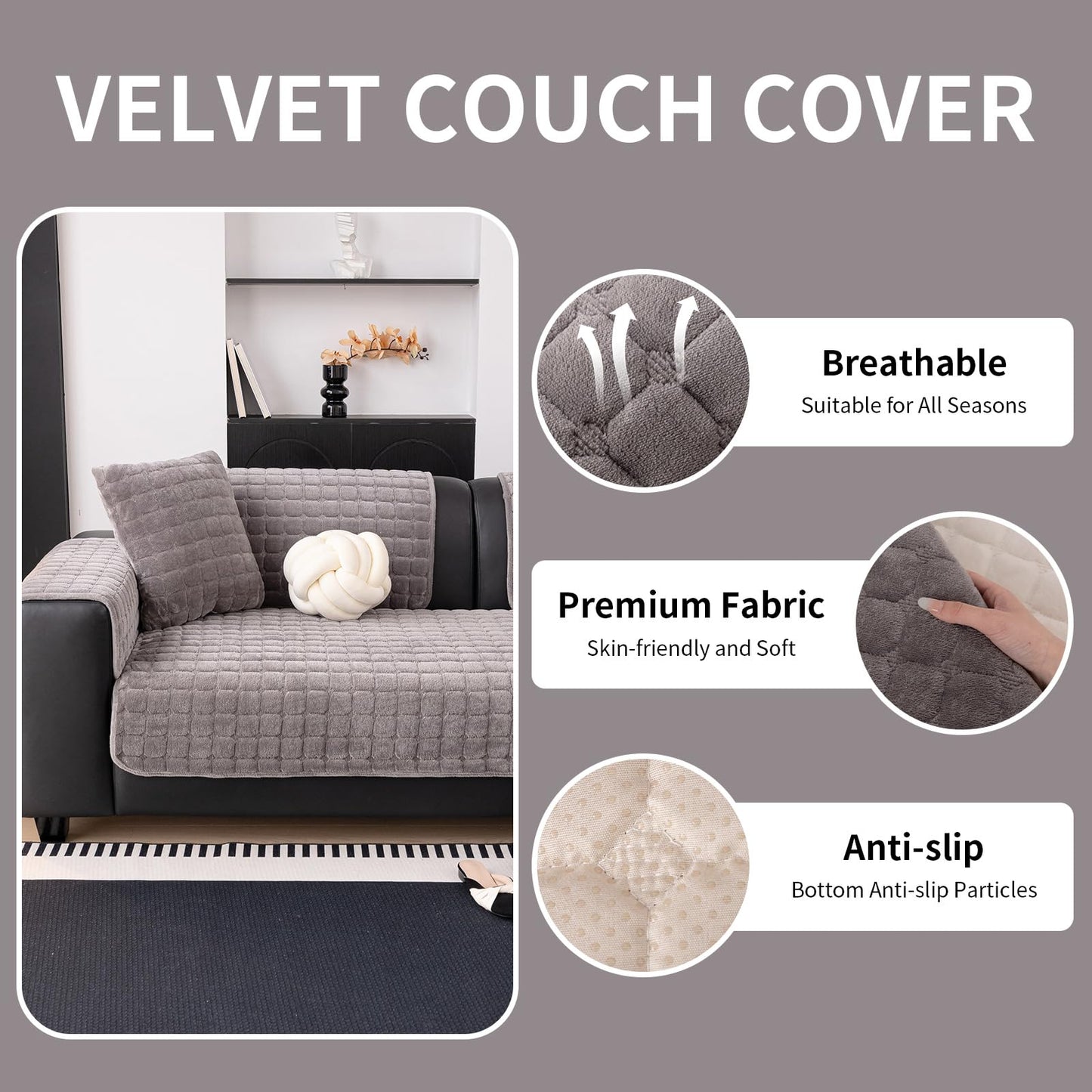 MDSASFD Velvet Couch Cover, Washable Sectional Sofa Cover, Anti Slip Sofa Slipcover for 3 Cushion Couch Sofa L Shaped Armrest Backrest, Furniture Protector Covers for Pets Kids(Dark Grey, Only 1 PCS)