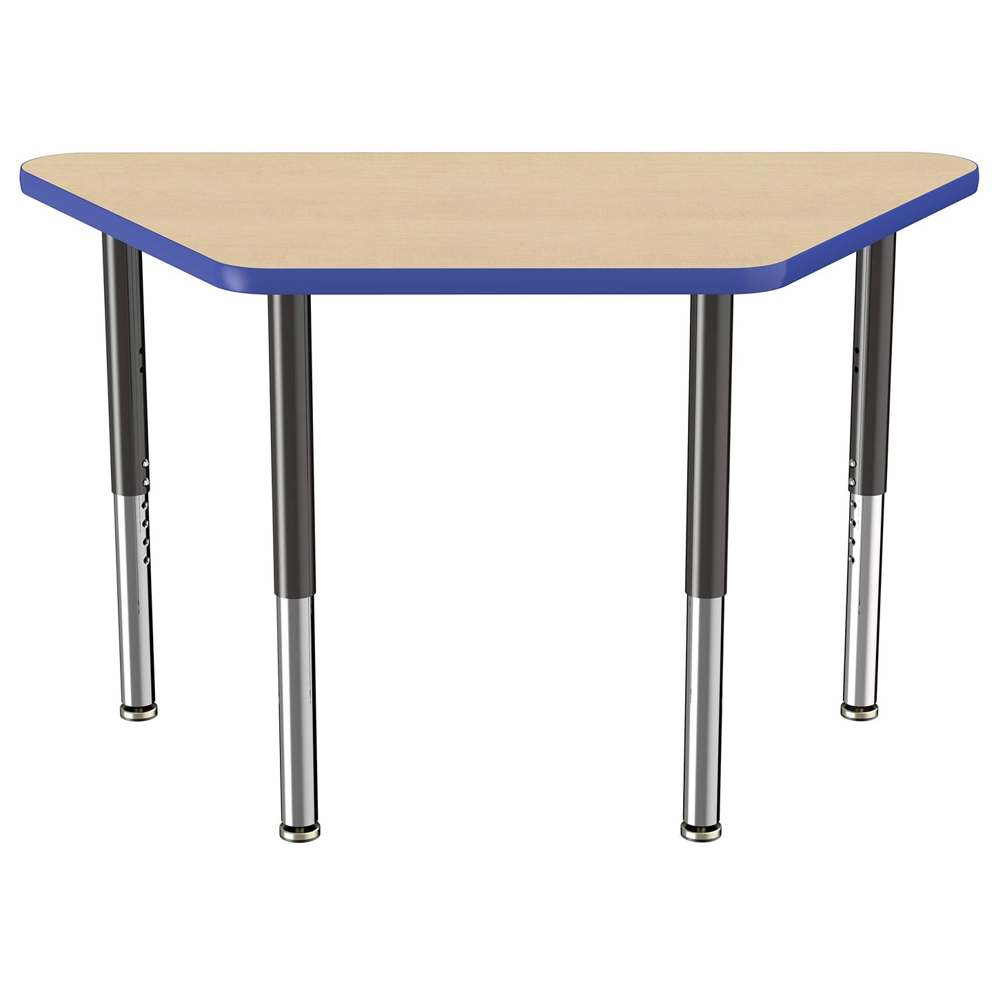 FDP Mobile Trapezoid Activity School and Office Table (24 x 48 inch), Super Legs with Glides and Casters for Collaborative Environments, Adjustable Height 19-30 inches - Maple Top and Blue Edge