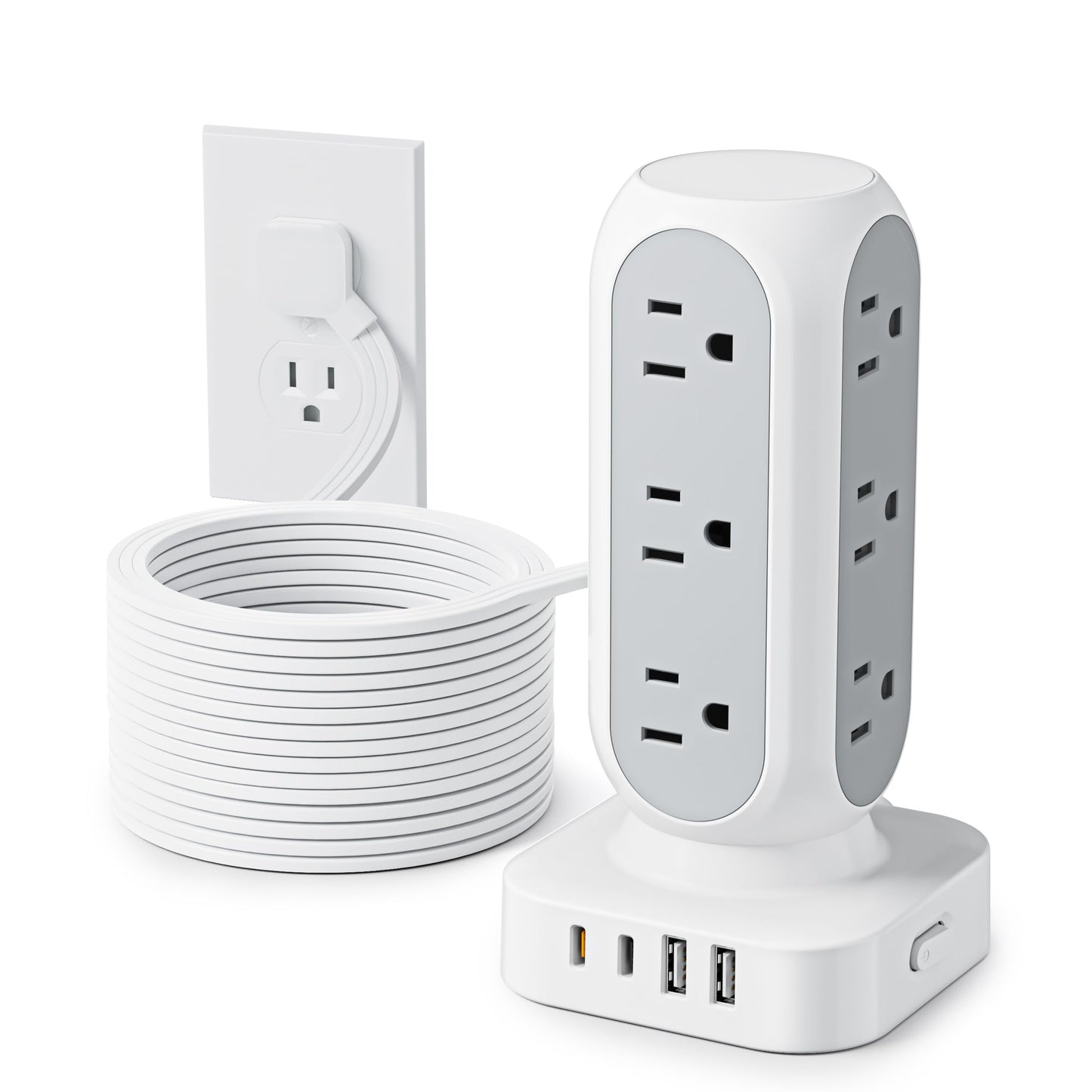 Flat Plug Power Strip Tower 15FT, 40W Total Fast Charging Station, Dual PD 20W USB-C Surge Protector with 12 AC Outlets and 8 USB Ports (4 USB C), Long Extension Cord for Home Office Dorm Room