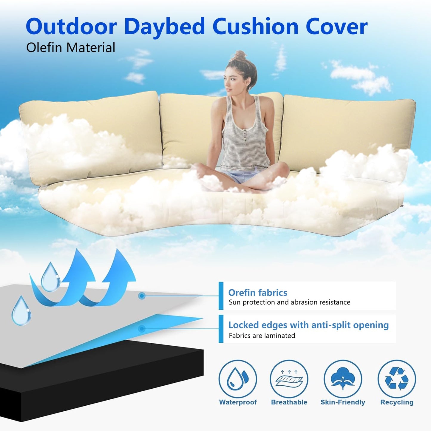 MFPMTUXO Outdoor Curved Sofa Cushion Cover with Zipper & Anti-Slip Particles, Half Moon Patio Furniture Cushions Covers Waterproof, Olefin Fabric-ONLY Cover (Beige, 77/40 * 28 * 5.3inch)
