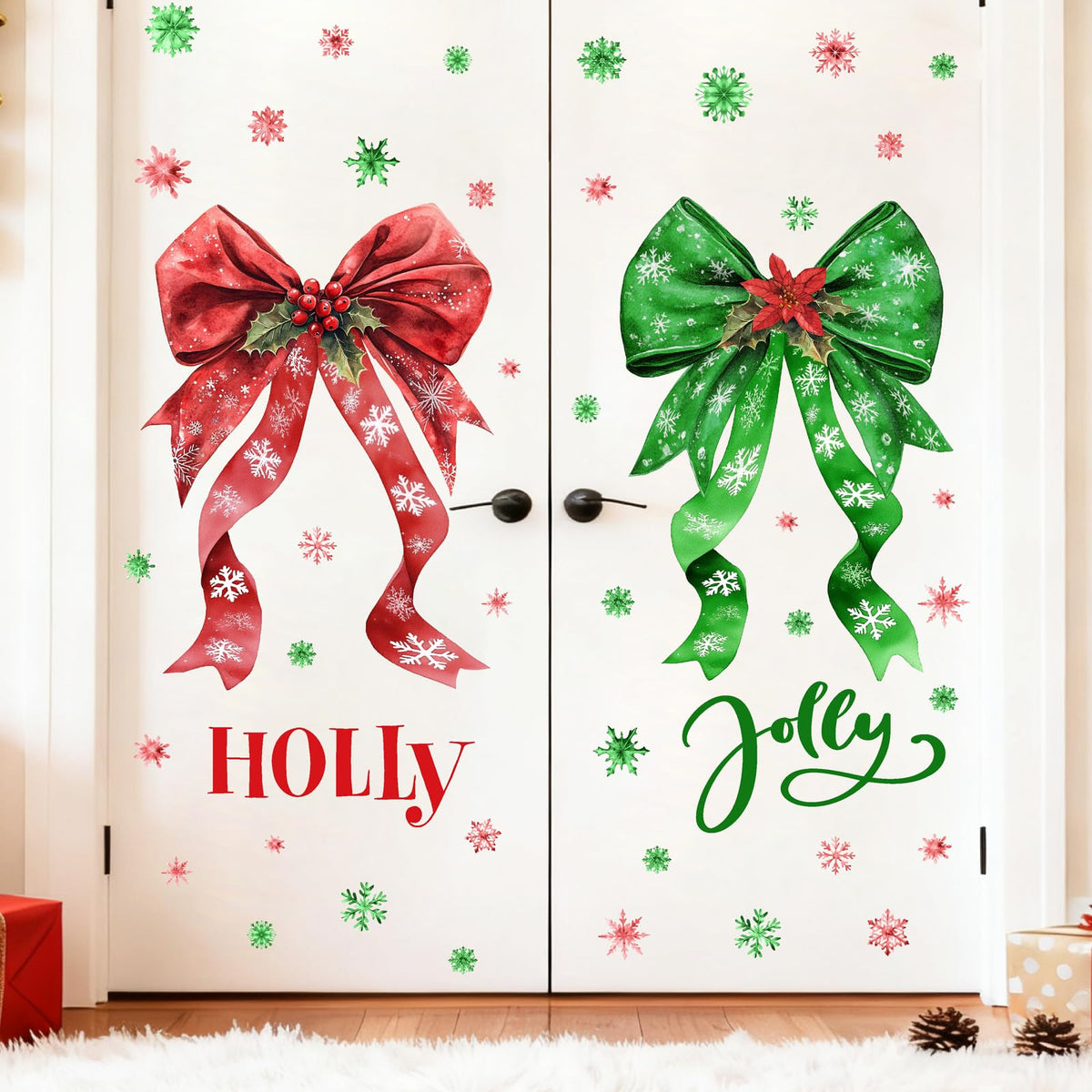 Large Christmas Wall Stickers Green Red Bow Decoration Decals Peel and Stick Xmas Bow Stickers Home Indoor Decor for Living Room O Holy Snowflakes Vinyl Art Murals for New Year Holiday Party Supplies