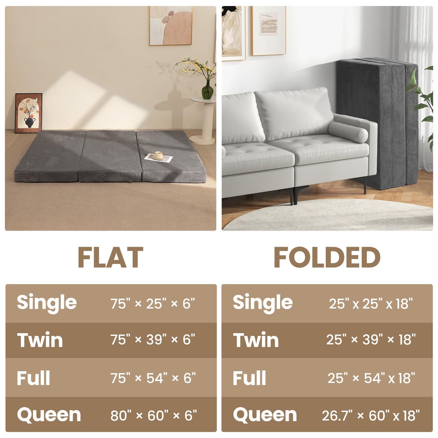 feliz home 6-Inch Tri-Folding Mattress Full Size - Foldable Futon Sofa Bed with Removable Washable Cover, Folding Futon Mattress | Non-Slip Bottom & Carry Handles for Guest, Camping, Dorm
