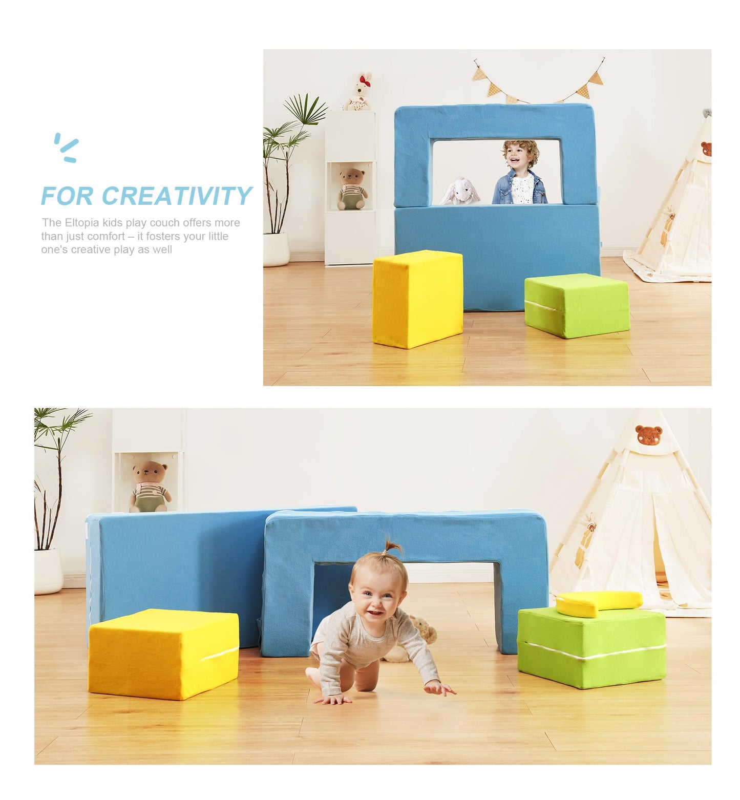 Elftopia Modular Kids Sofa,Toddler Couch Foam Armchair for Kids,Children Convertible Plush Sofa Play Set,Fold Out SofaBed(Dynami Color)