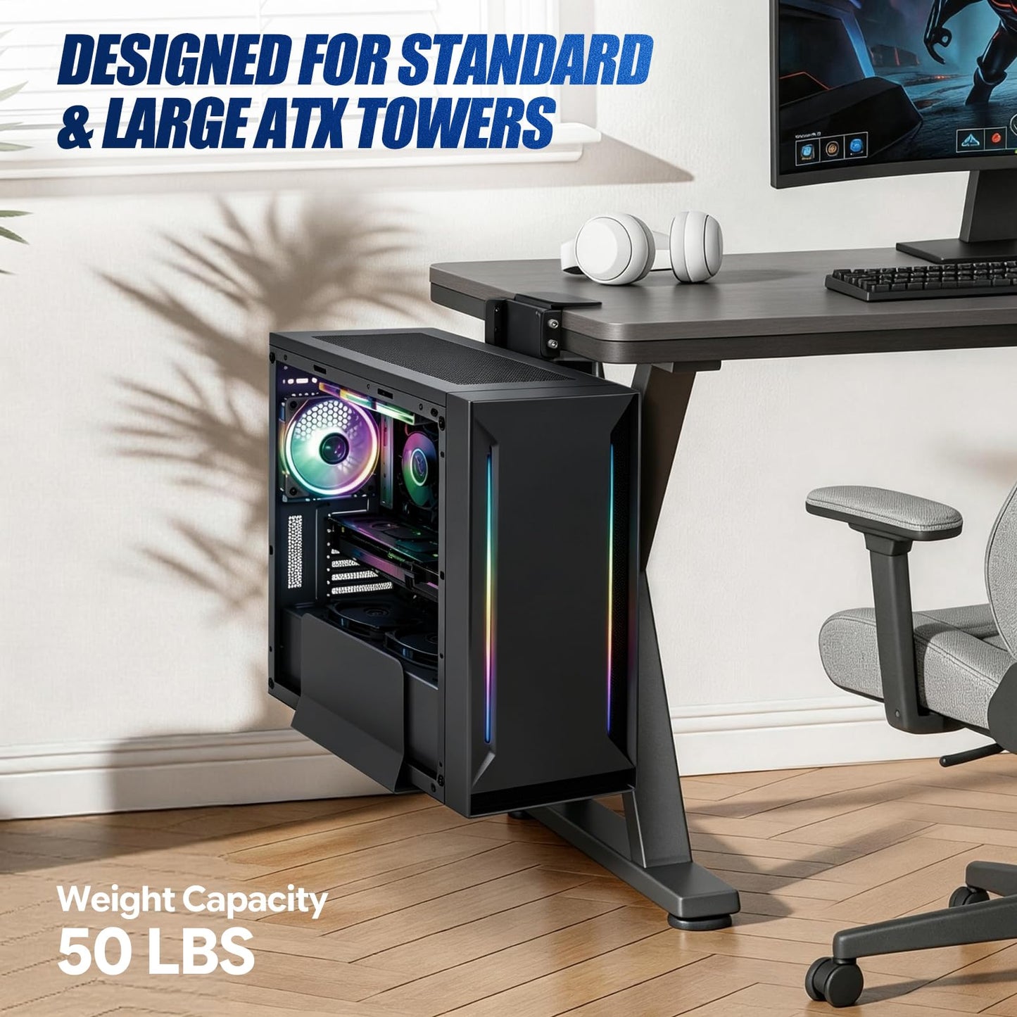 TooCust Adjustable Under Desk PC Mount, Heavy Duty No Drilling Clamp Mount on Desk (5.5 to 9.8 Inch Wide) - Thickened & Ultra Strong Fits Large PC Tower, Standing Desk PC Mount, Black