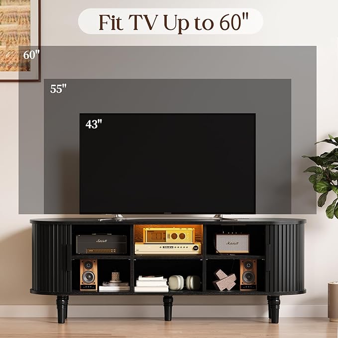 TV Console with Power Outlet-55" Entertainment Center with Sliding Tambour Door