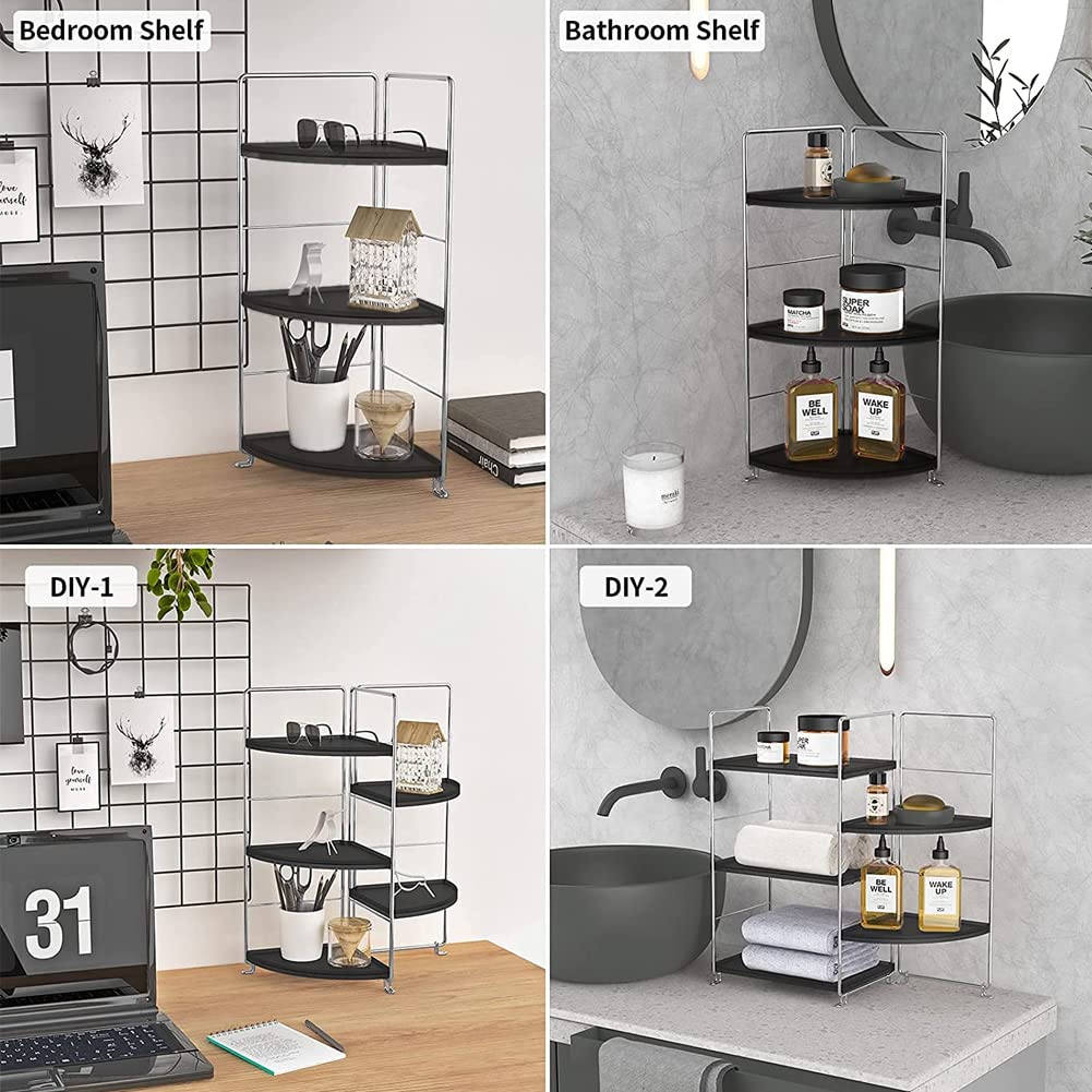 3-Tier Bathroom Countertop Organizer , Vanity Tray Cosmetic & Makeup Storage, Kitchen Spice Rack Standing Shelf , Corner Storage Shelf , Silver&Black
