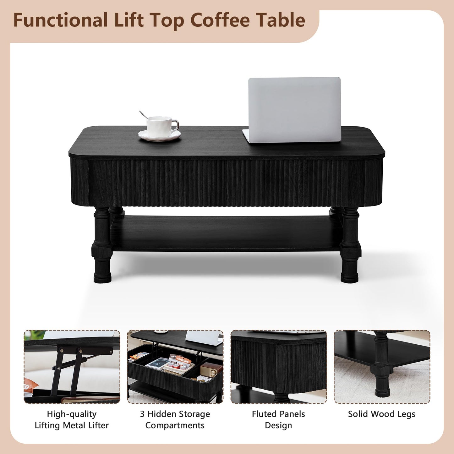 39”Large Lift Top Coffee Table with Hidden Storage Compartment,Fluted Coffee Tables Fully Assembled Wooden Center Table,Mid Century Modern Lift Tabletop Dining Table for Living Room Home Office,Black