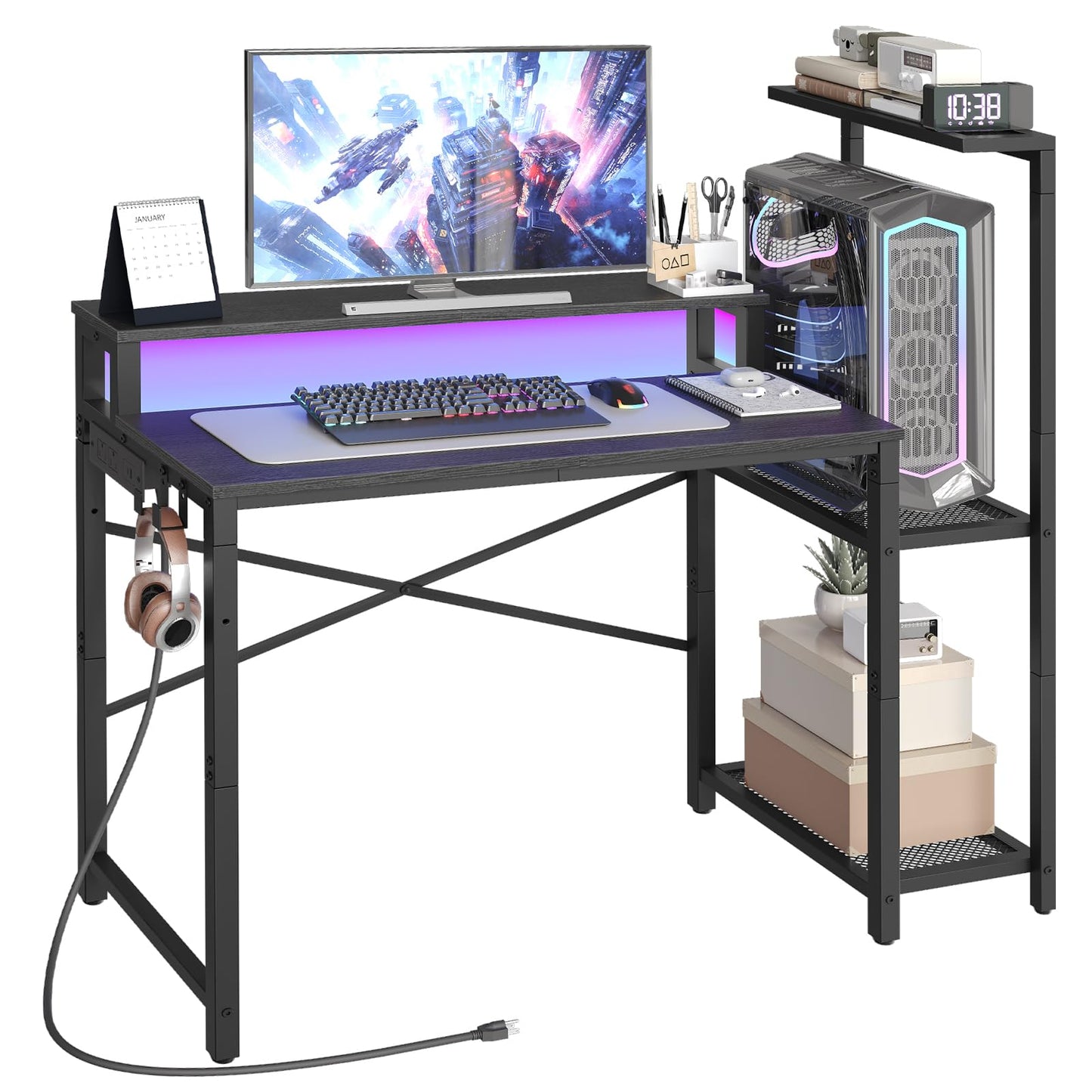 YATINEY Small Computer Desk with LED Light and Power Outlet, Small Gaming Desk with Monitor Stand, Reversible Game Table with 2 Side Hooks, Home Office Desk for Living Room, Bedroom, Black DN06UDBB