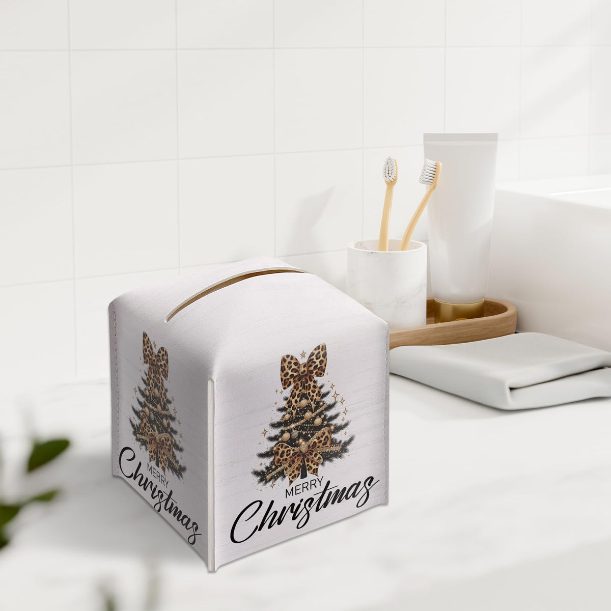 Christmas Tree Tissue Box Holder, Leopard Print Christmas Tree Leather Tissue Box Cover Square, Paper Facial Decorative Tissues Cover for Night Stands Bathroom Office Home Decor-B13